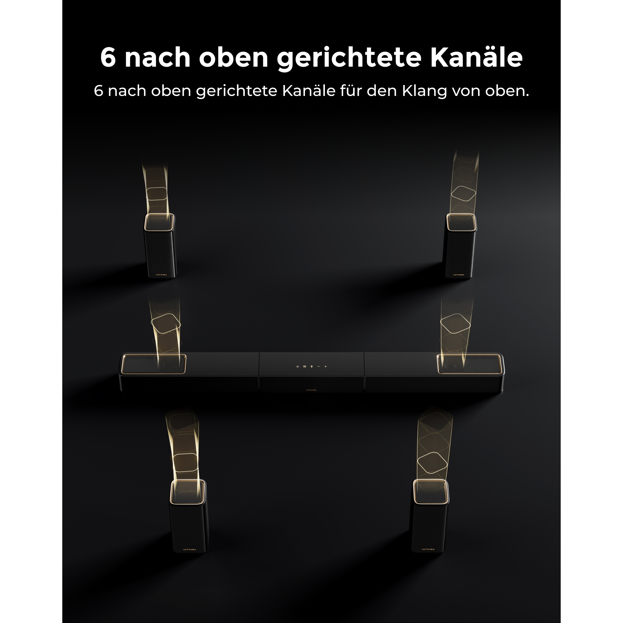 Schwarze Soundbar mit seitlichen Lautsprechern, die nach oben abstrahlen.