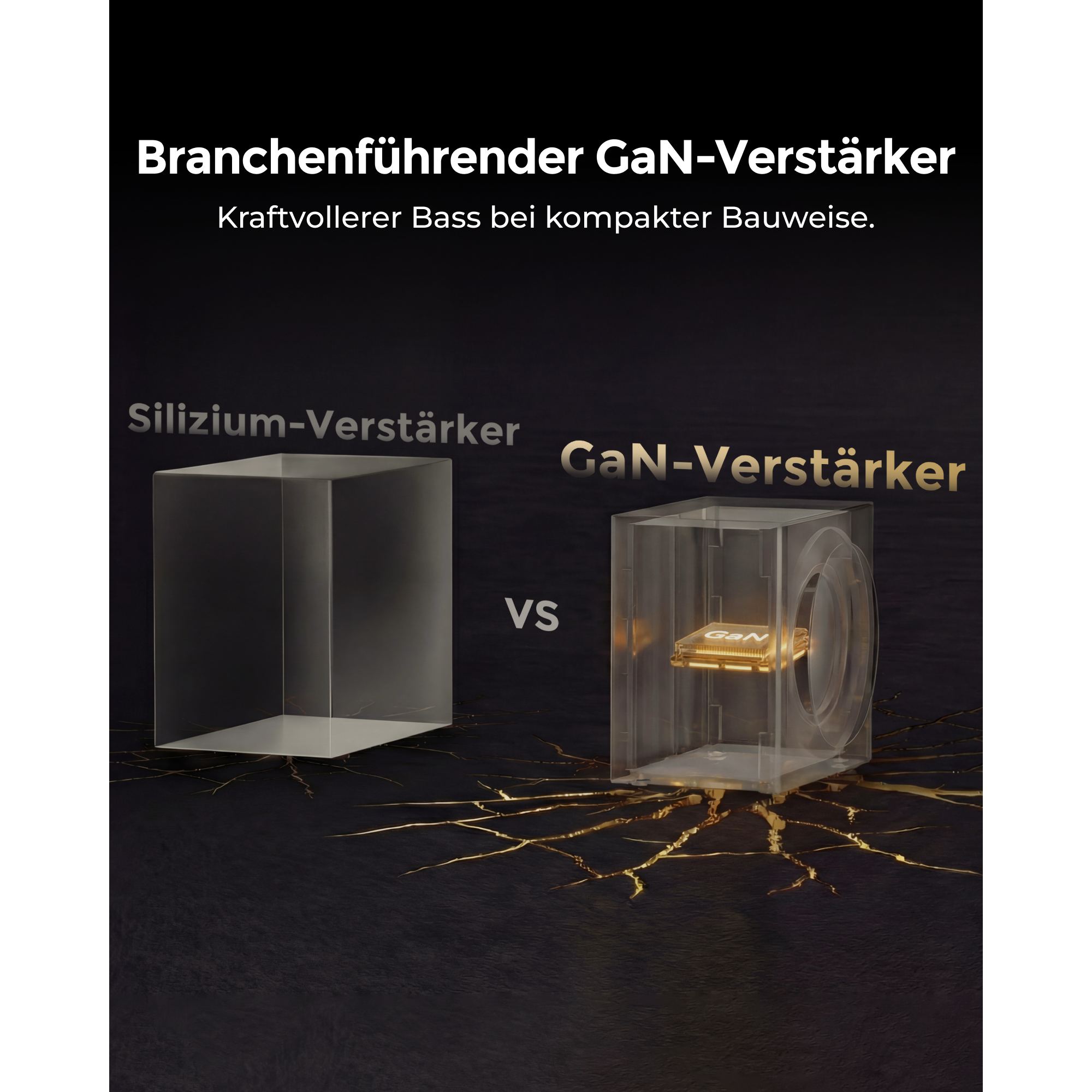 Vergleich von Silizium- und GaN-Verstärkern mit einem Chip-Detail.
