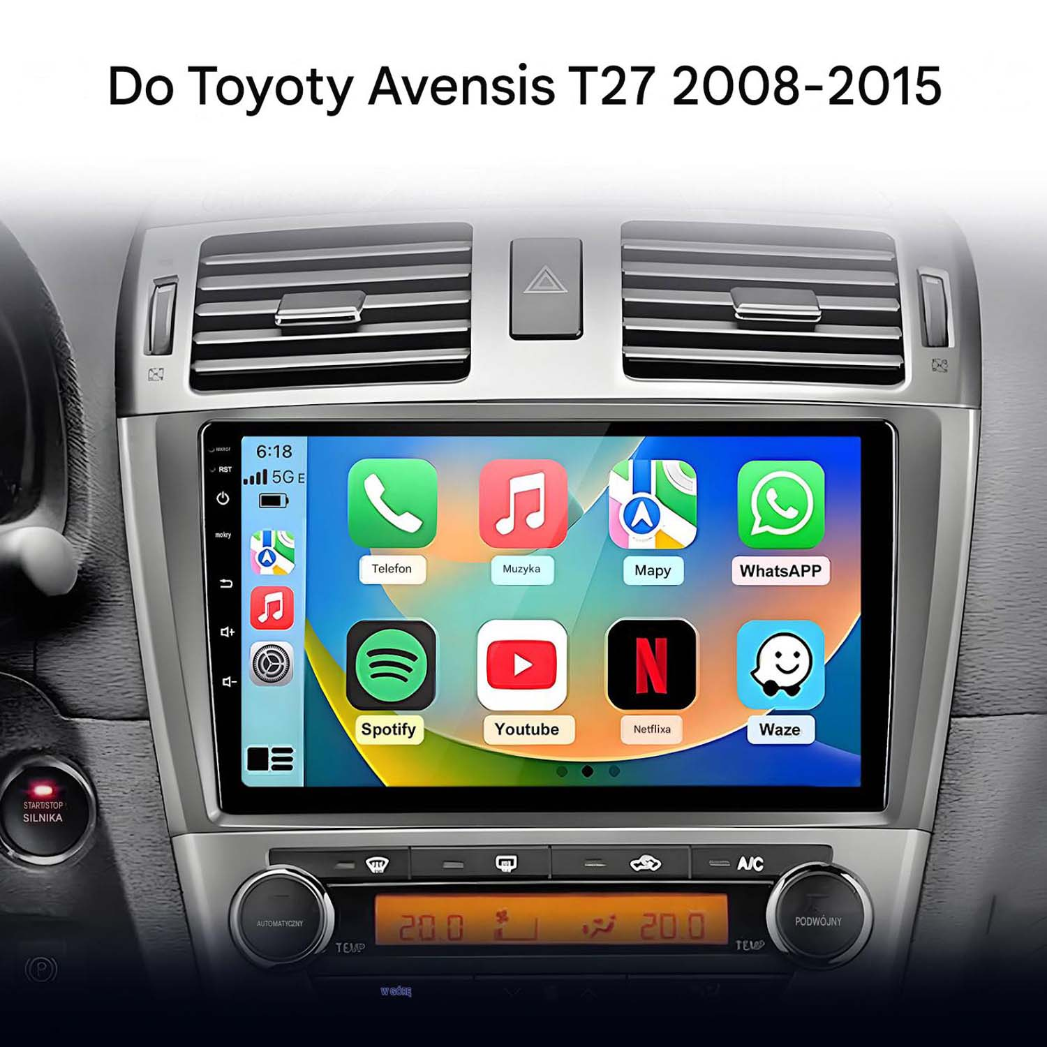 Samochodowy system infotainment wyświetlający ikony aplikacji: telefon, muzyka i mapy.
