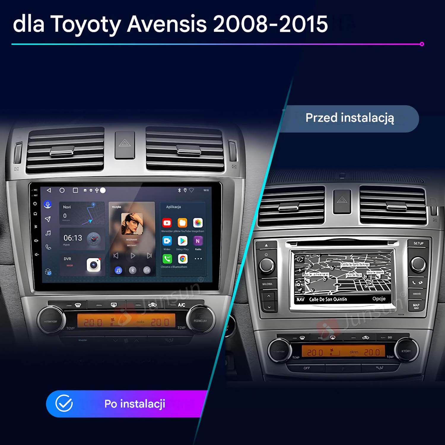 Porównanie dwóch radioodtwarzaczy samochodowych do Toyoty Avensis: Przed i po instalacji.