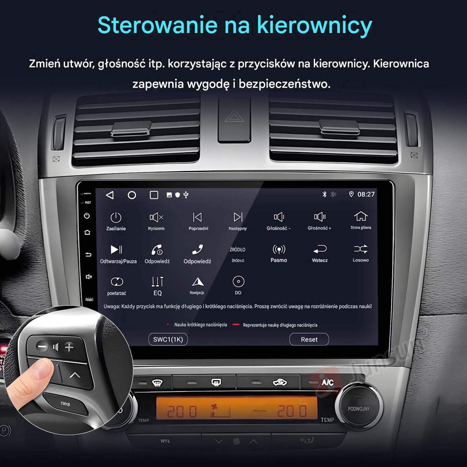 Palec naciska przycisk głośności na kierownicy samochodu. Ekran wyświetla menu.