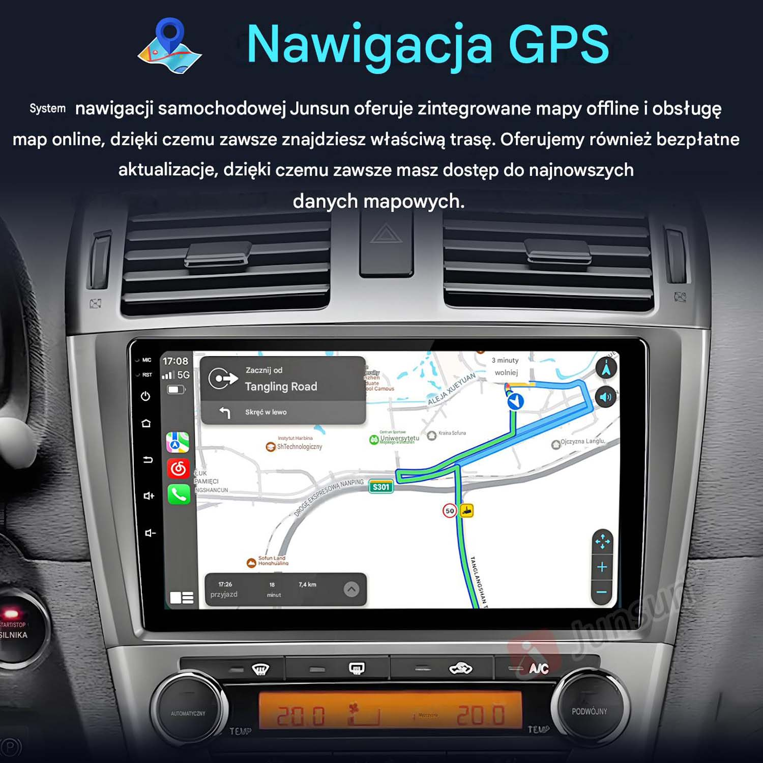 Samochodowy system nawigacji wyświetla mapę z trasą i informacjami o ruchu.