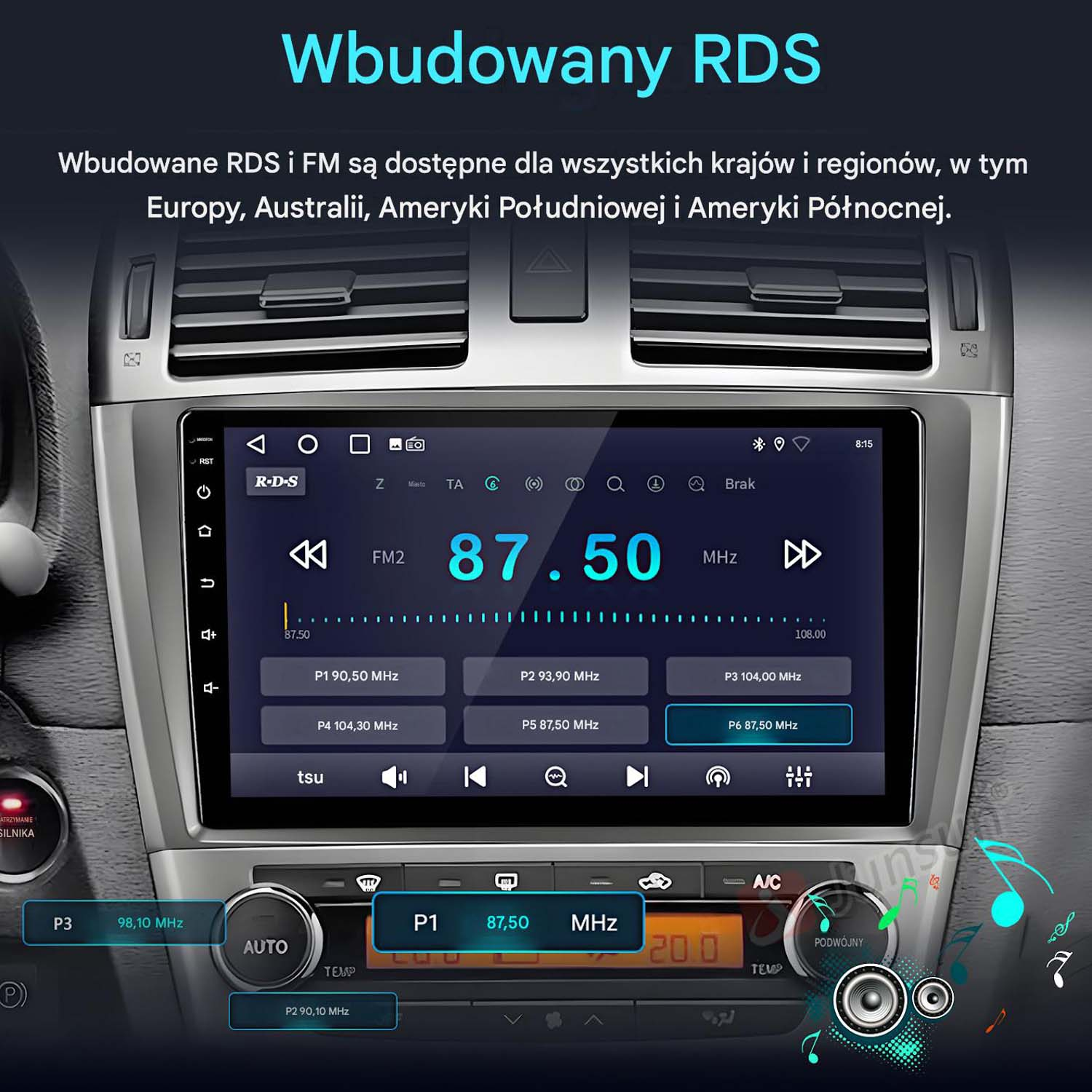 Ekran radia samochodowego wyświetla informacje o stacjach RDS i FM.