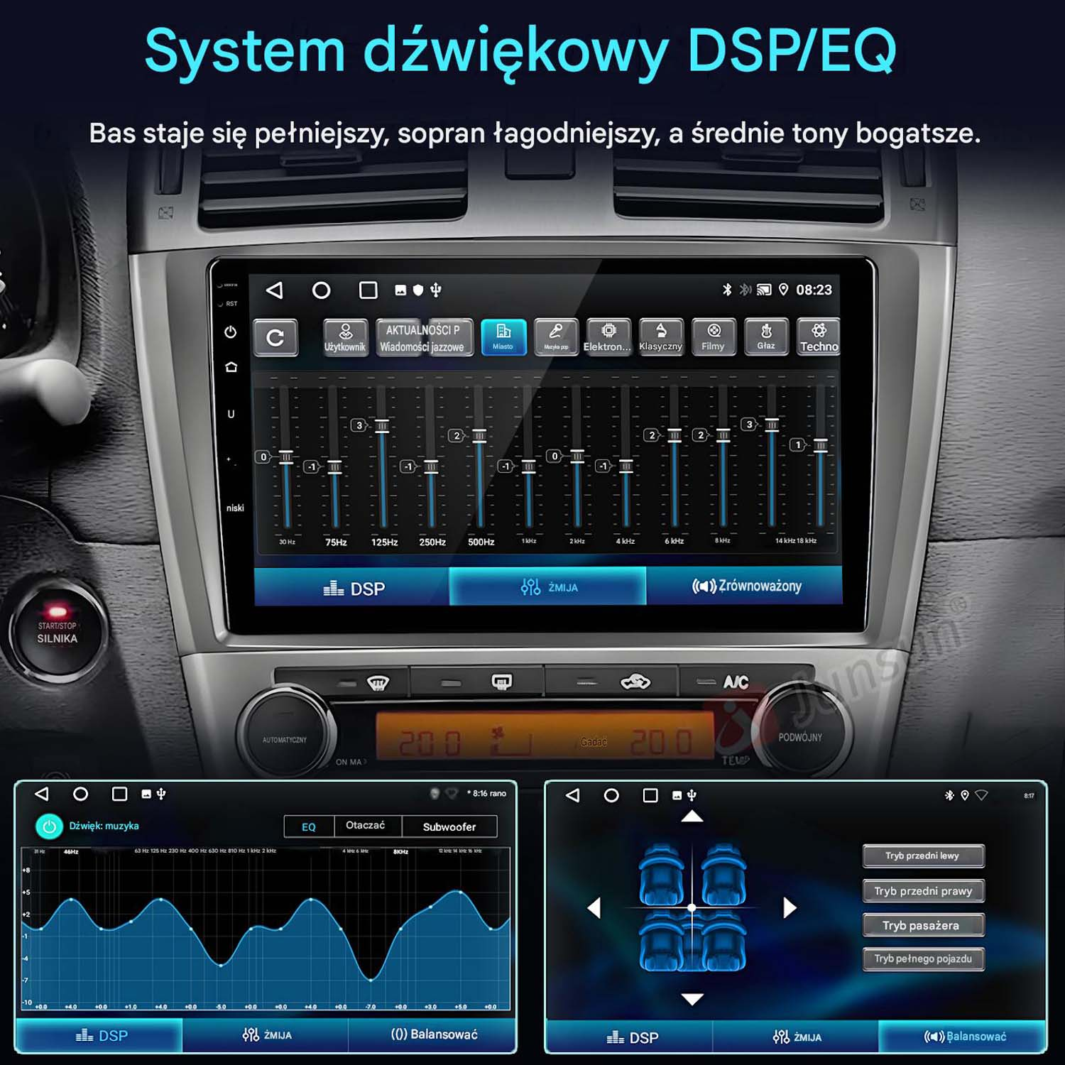 Deska rozdzielcza samochodu wyświetlająca ustawienia DSP/EQ i wykres korektora audio.