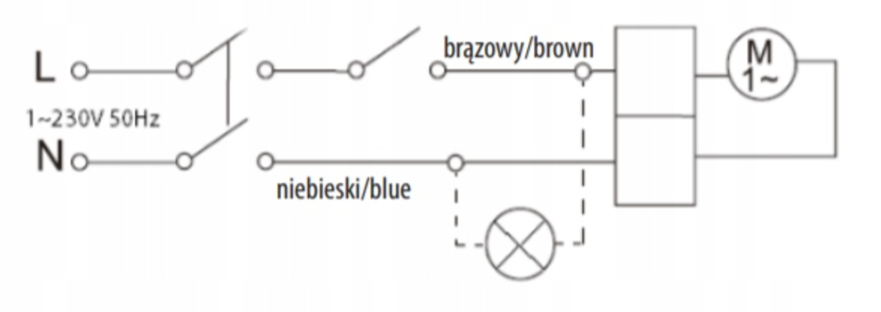 Schemat elektryczny z L, N, przełącznikami, silnikiem (M 1~) i lampą.
