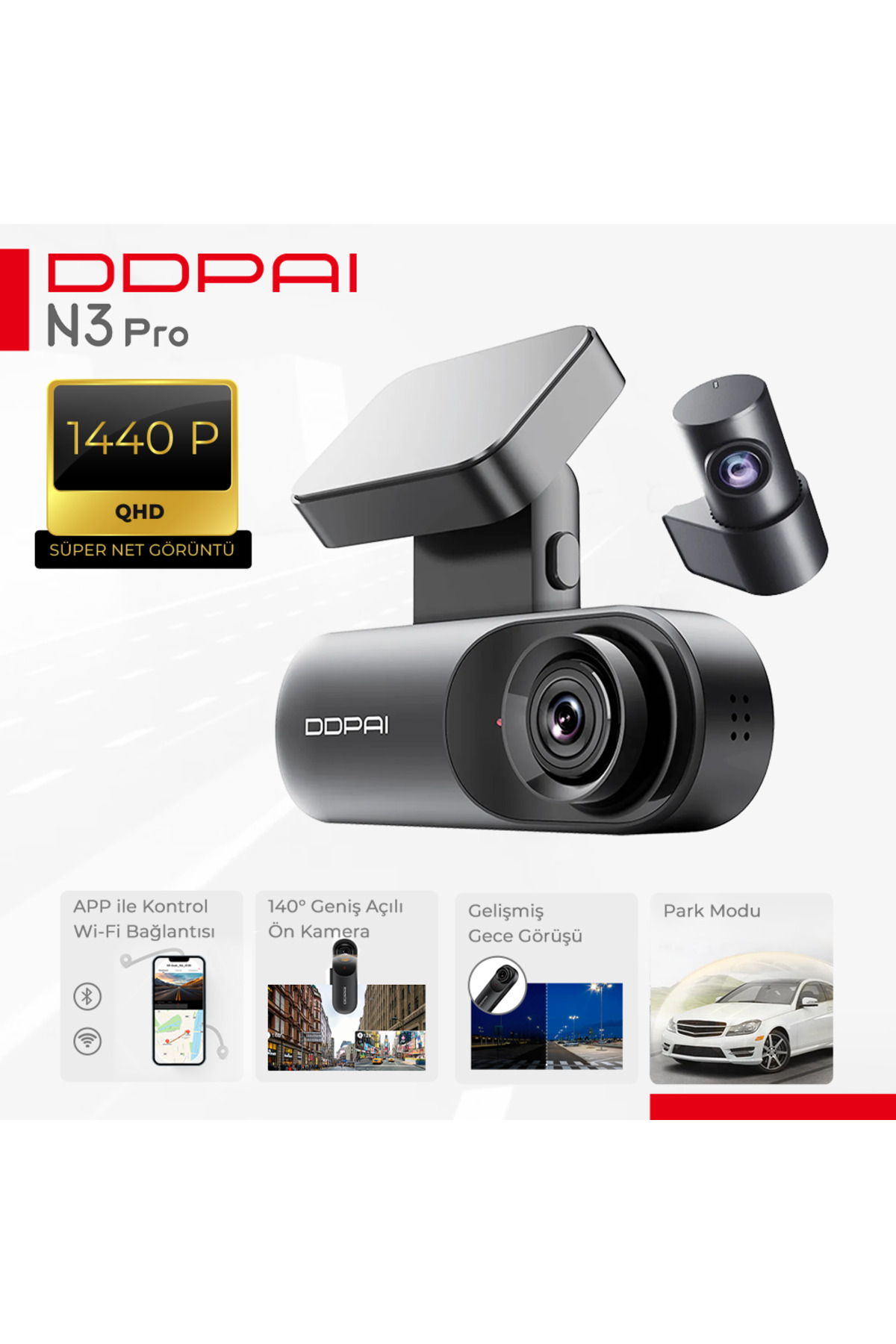 DDPai N3 Pro araç kamerası, 1440P QHD çözünürlük ve gece görüşü.