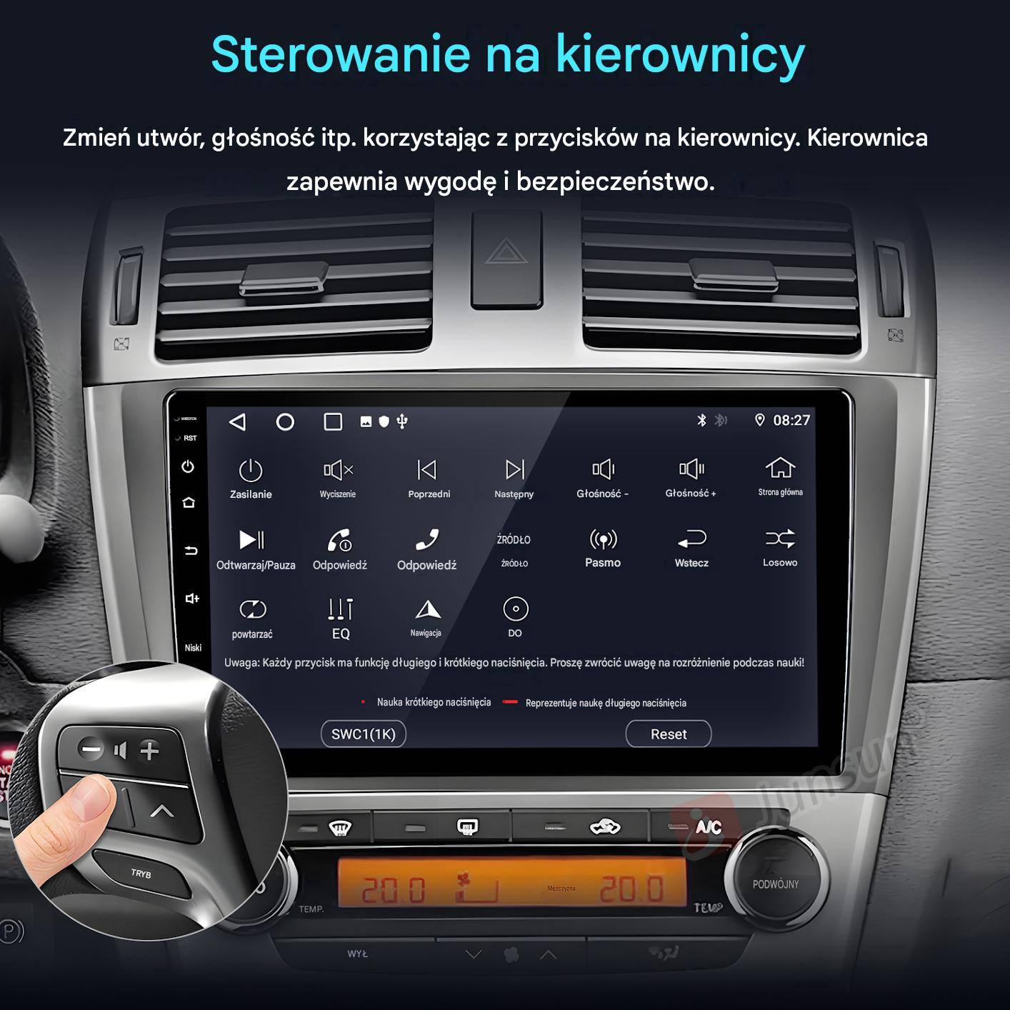Palec naciska przycisk na kierownicy samochodu. Wyświetlany jest system infotainment.
