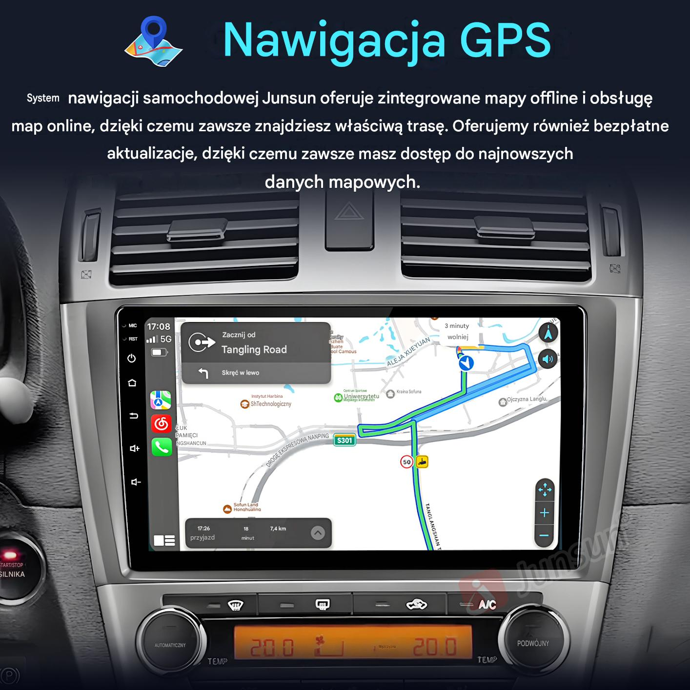 Deska rozdzielcza samochodu wyświetlająca mapę nawigacji GPS z trasą.