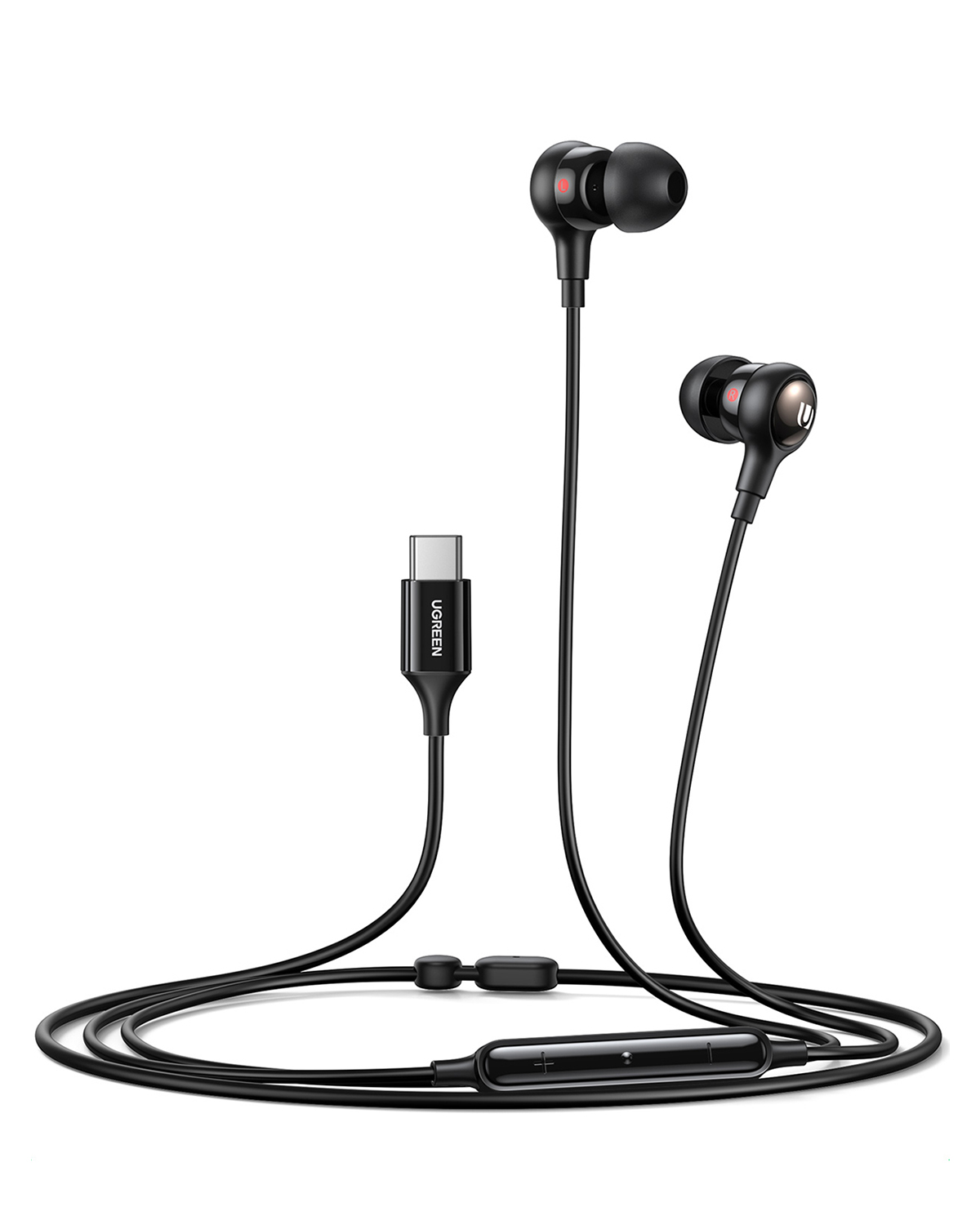 Siyah USB-C kulaklıklar, kumandalı ve sarılı kablolu.