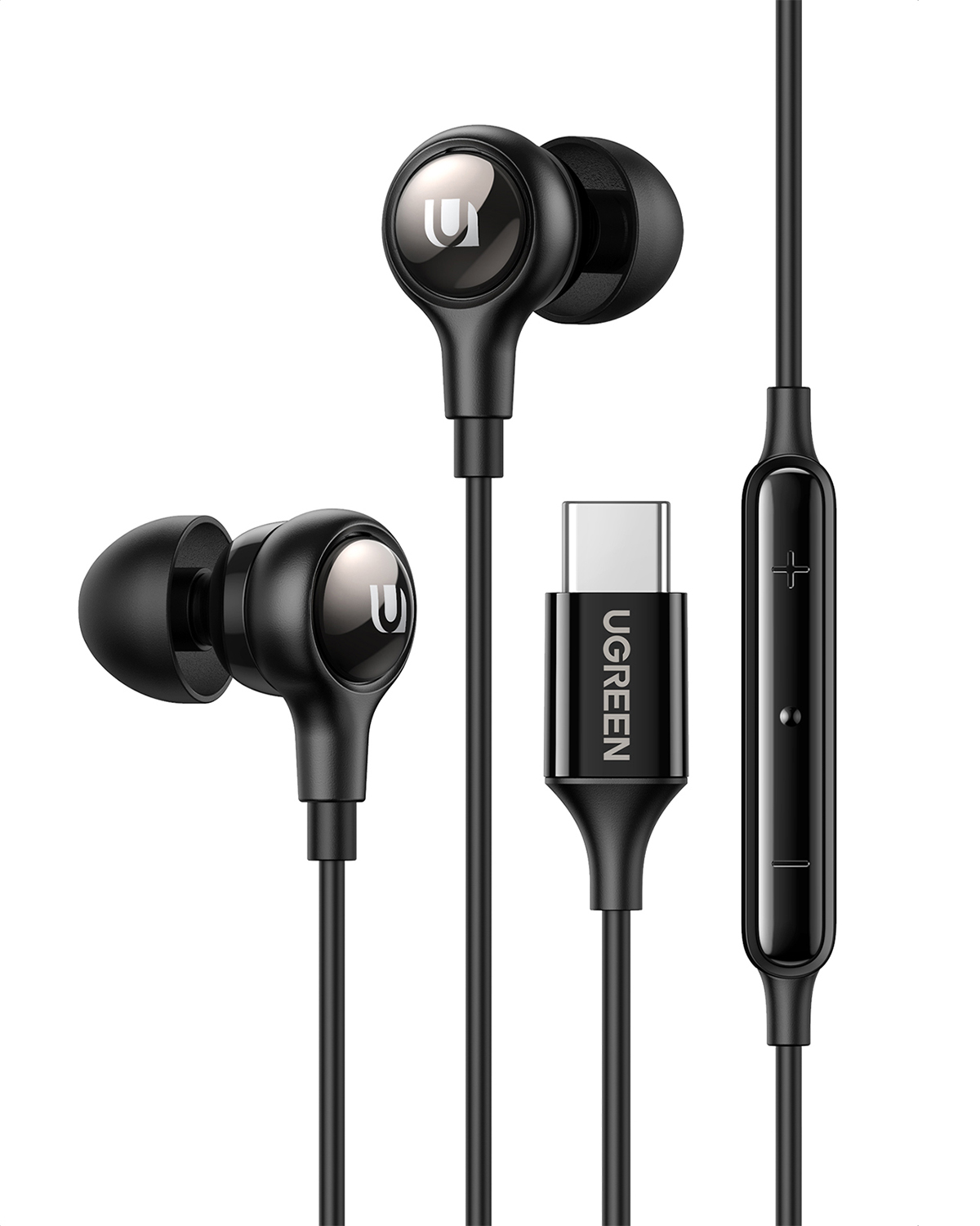 USB-C konektörlü ve hat içi kumandalı siyah kulaklıklar.