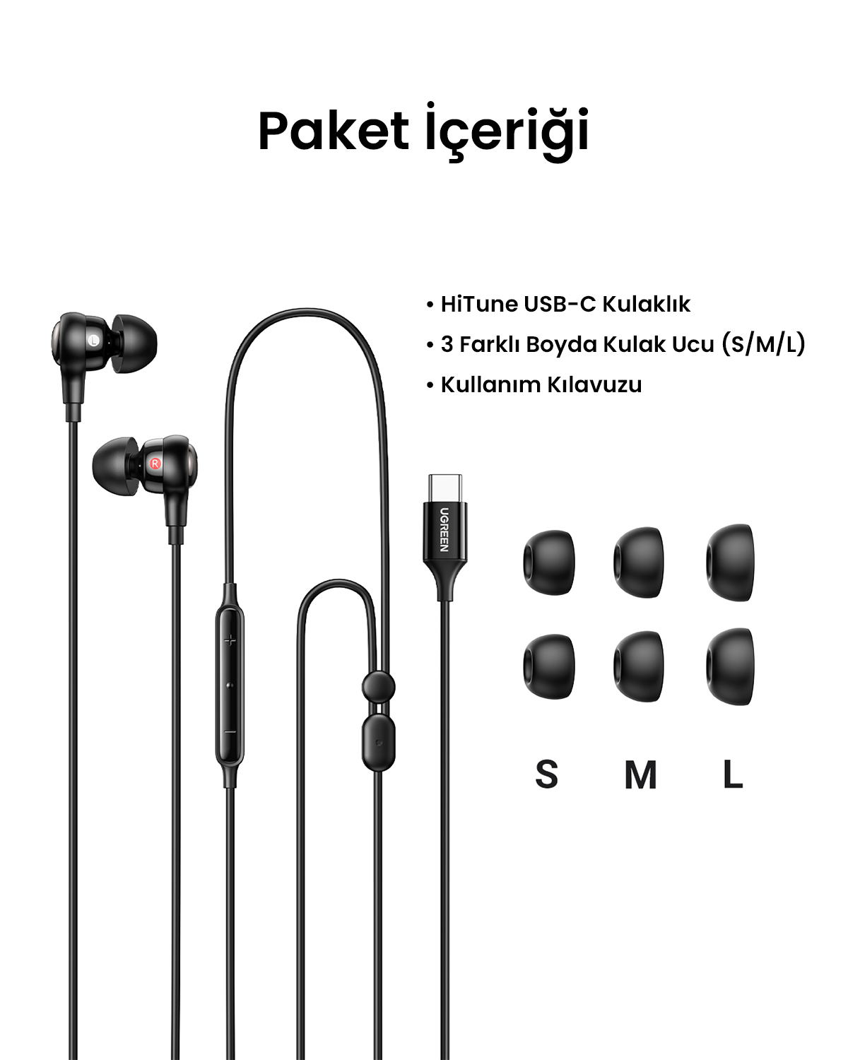 Siyah USB-C kulaklık, S/M/L yedek kulak uçları ve şarj kablosu ile.