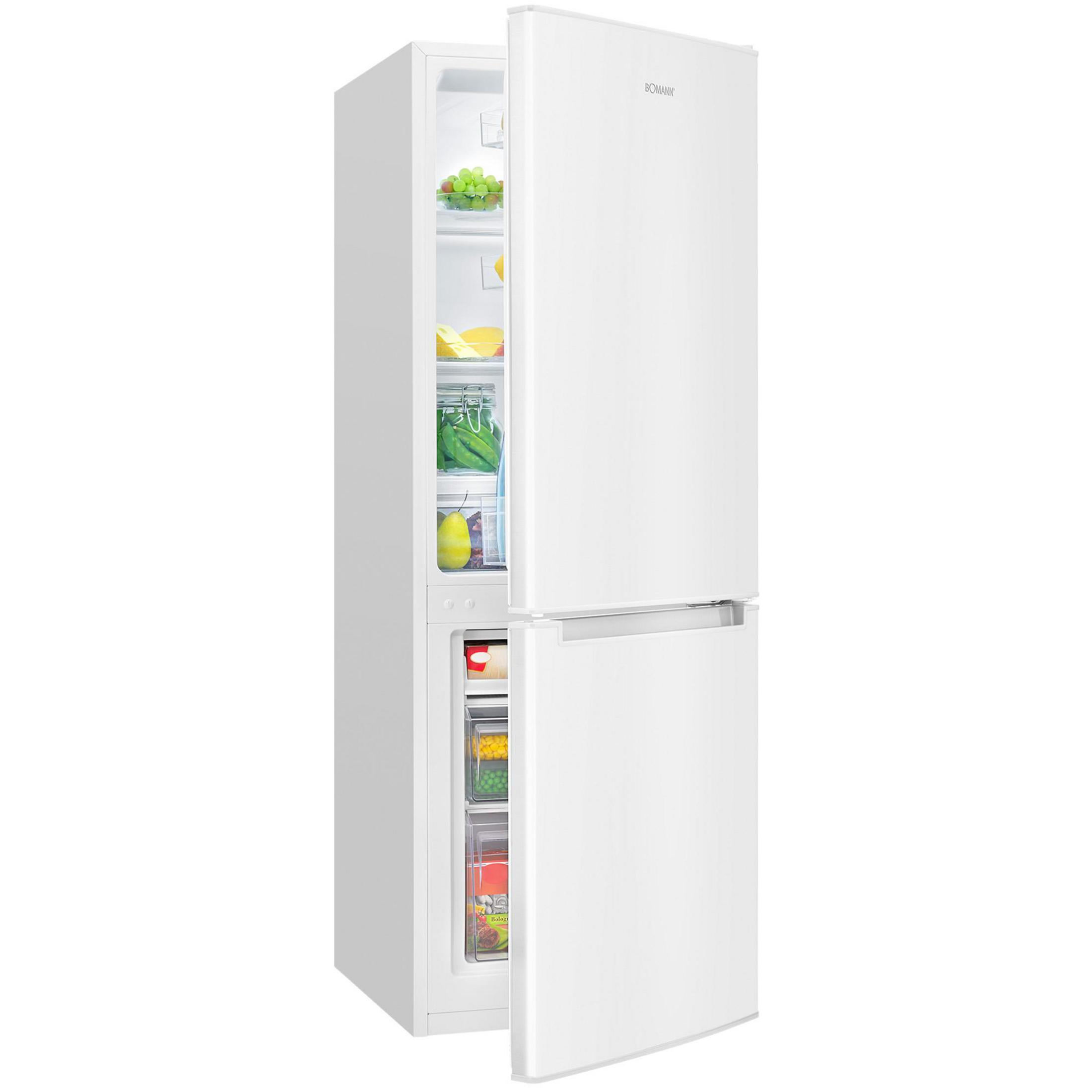 Ein weißer Kühlschrank mit offener Tür, gefüllt mit Obst und Gemüse.