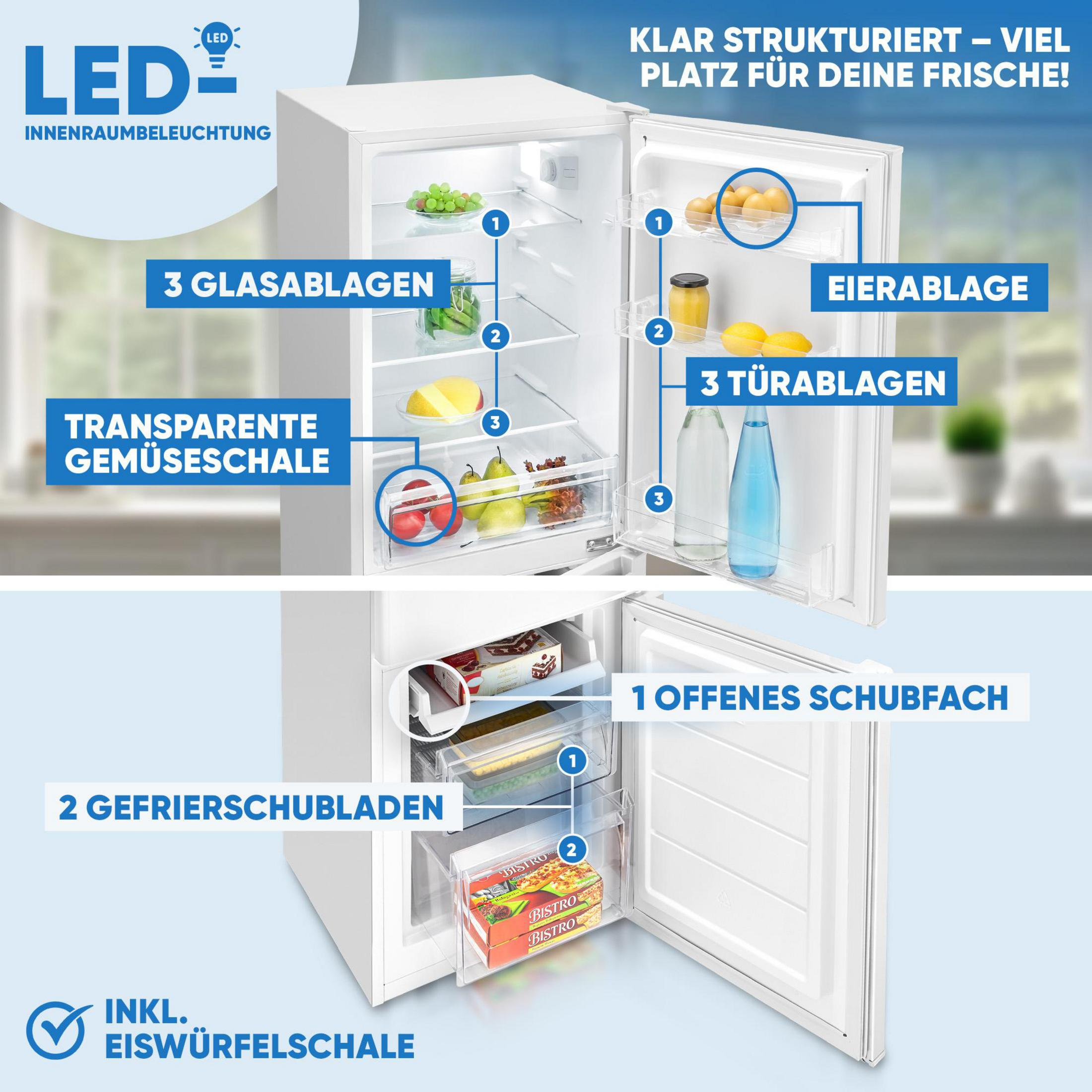 Ein weißer Kühlschrank mit LED-Innenbeleuchtung, 3 Glasablagen, Gemüseschale und Gefrierschubladen.