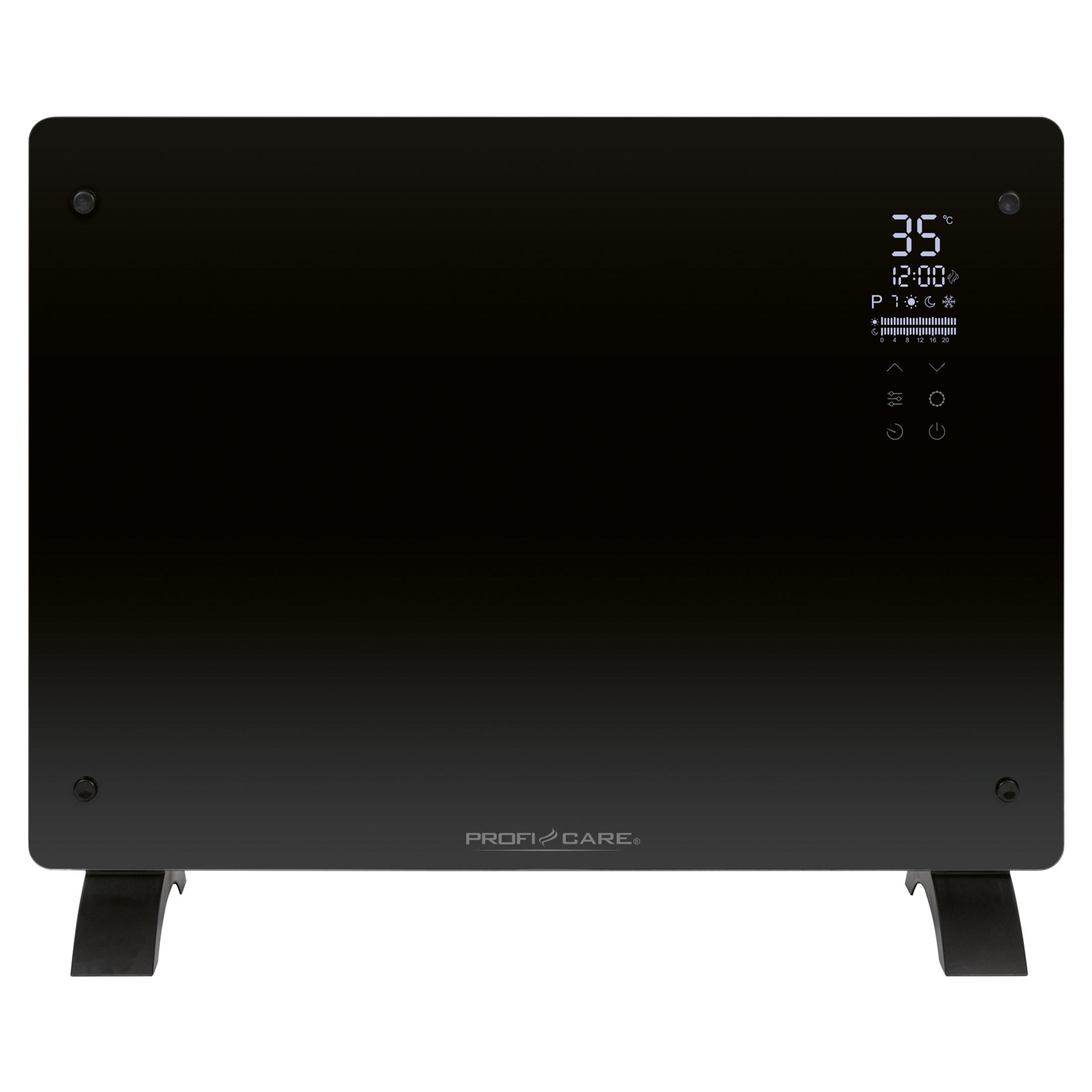 Riscaldatore nero con display digitale di temperatura e ora.