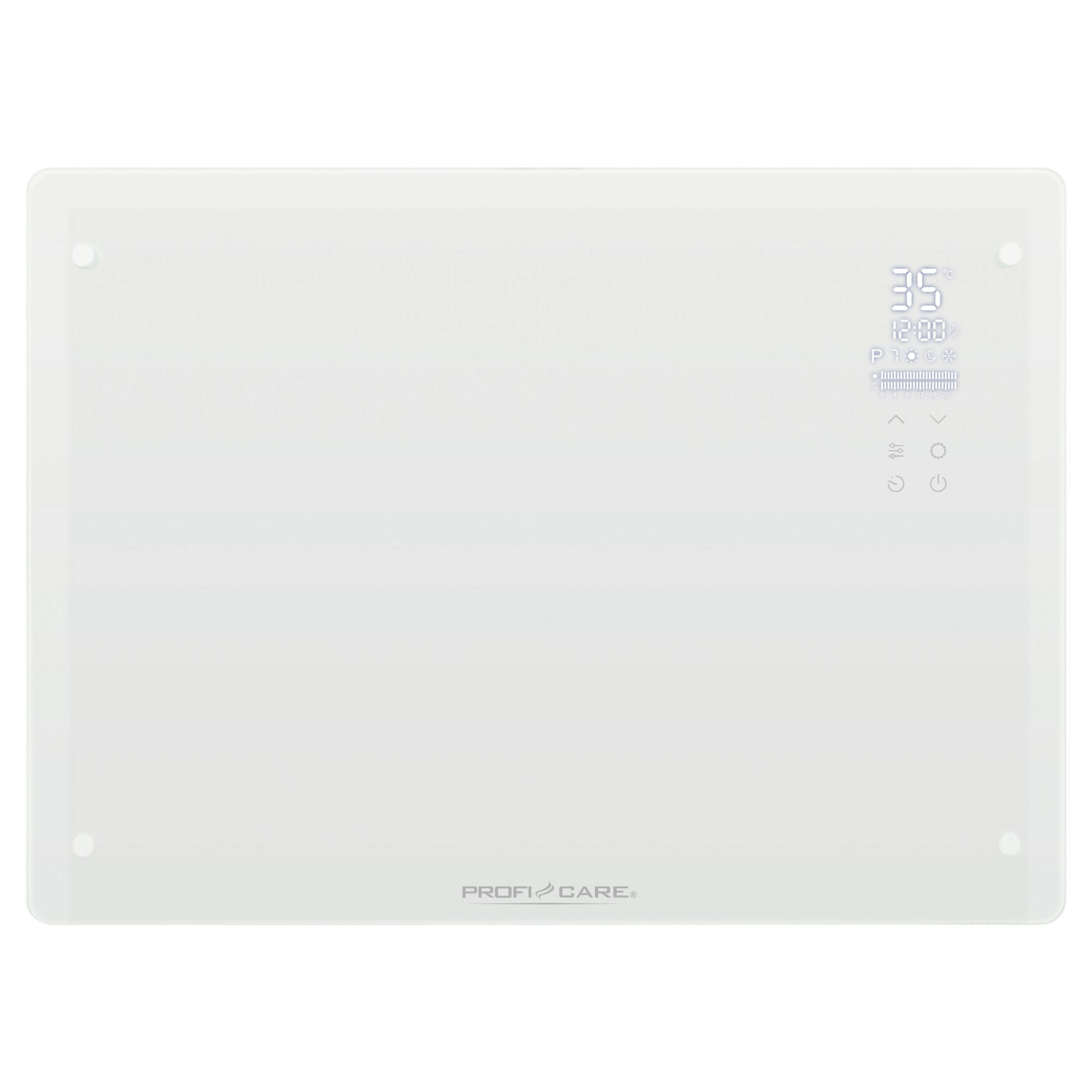 Un riscaldatore bianco con display digitale che mostra temperatura e ora.