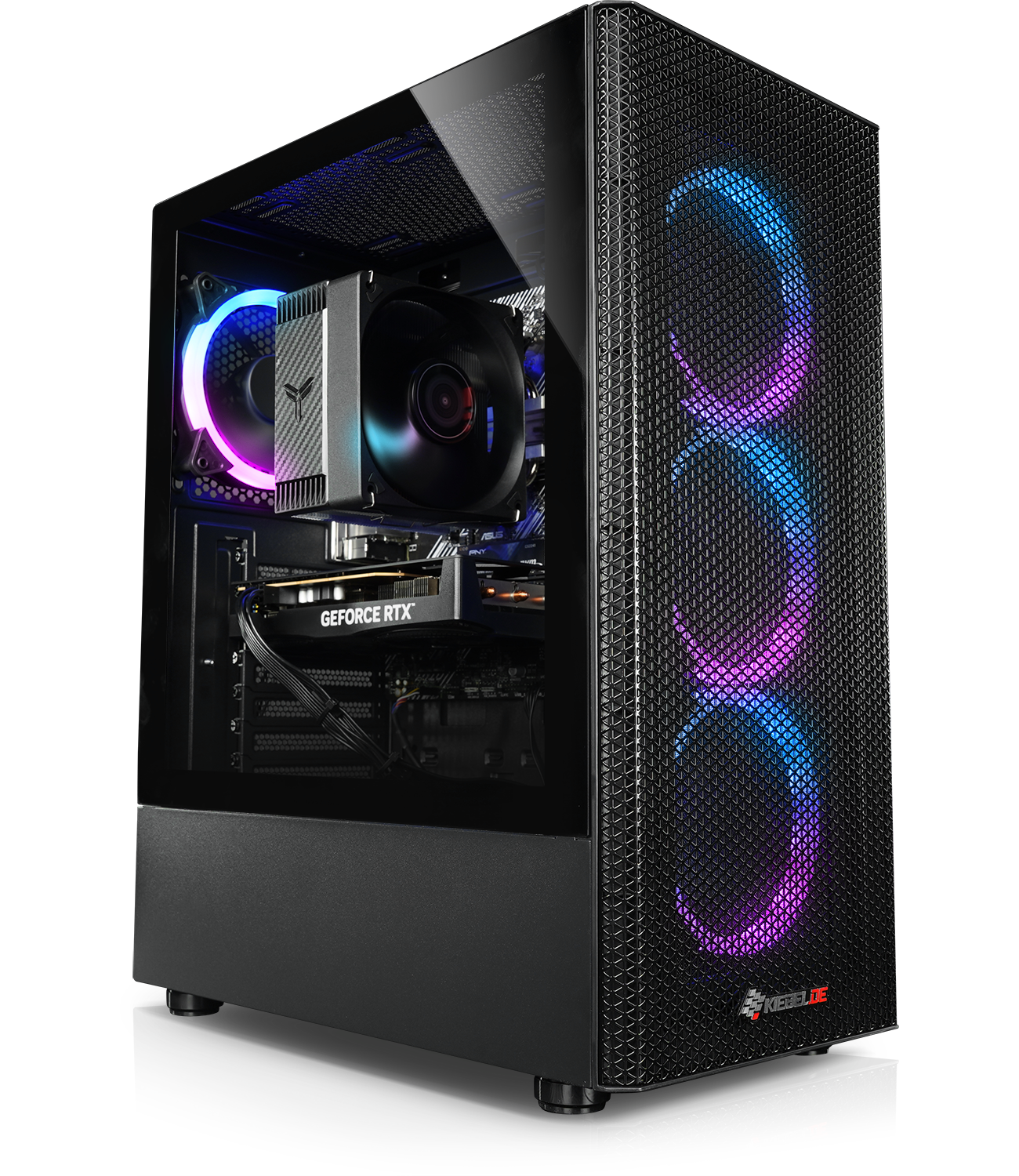 Een zwarte gaming pc-behuizing met RGB-ventilatoren en een GeForce RTX-videokaart.