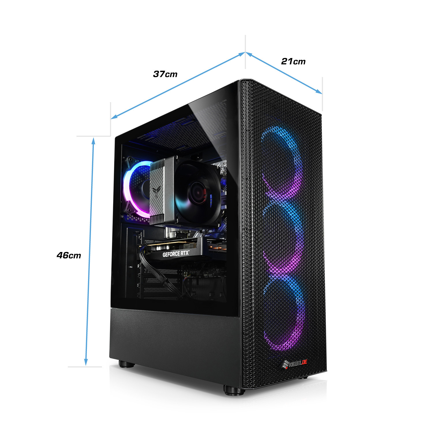 Zwarte PC-kast met RGB-ventilatoren en zijraam. Afmetingen: 46x37x21cm.