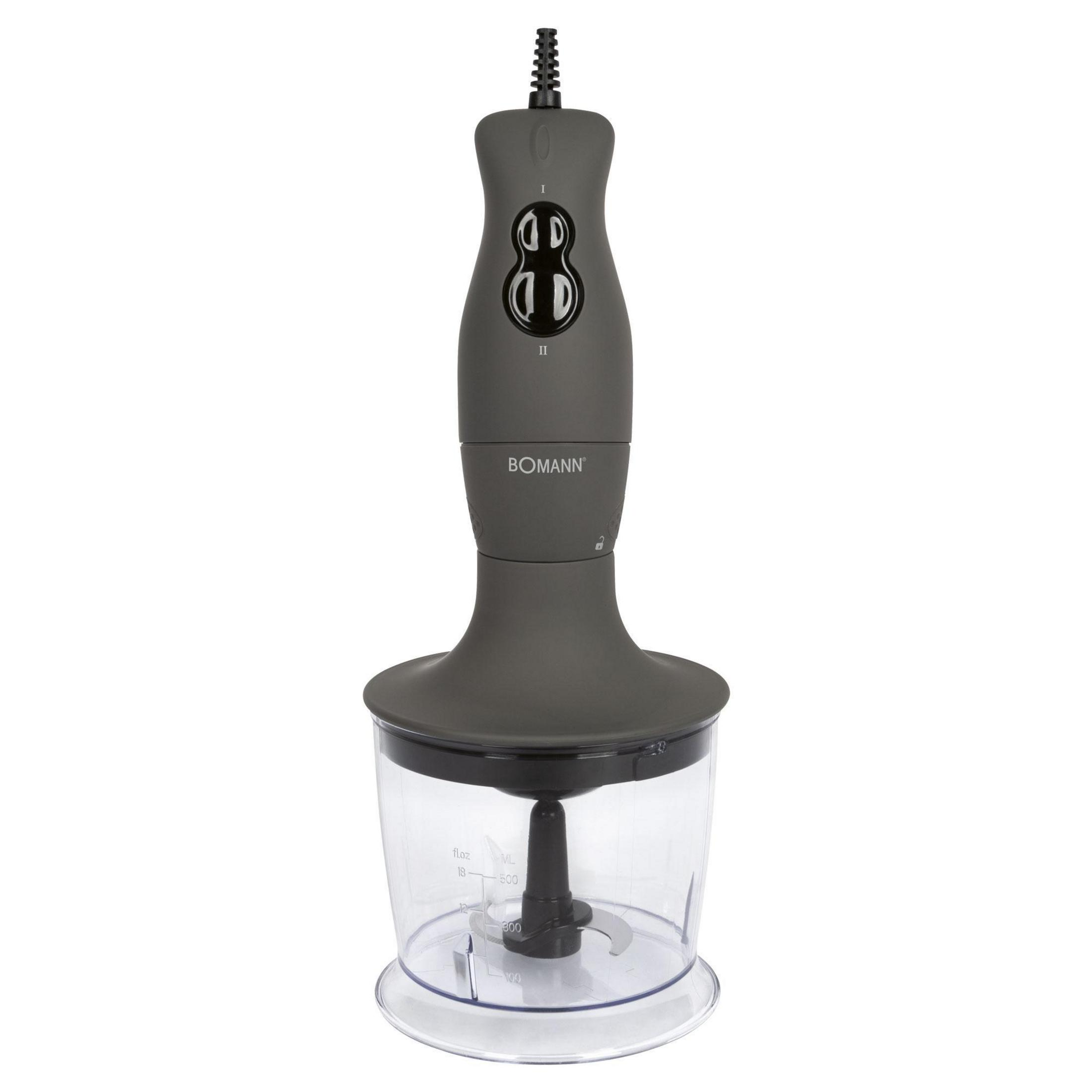 Grauer Stabmixer mit transparentem Messbecher und Klingen.