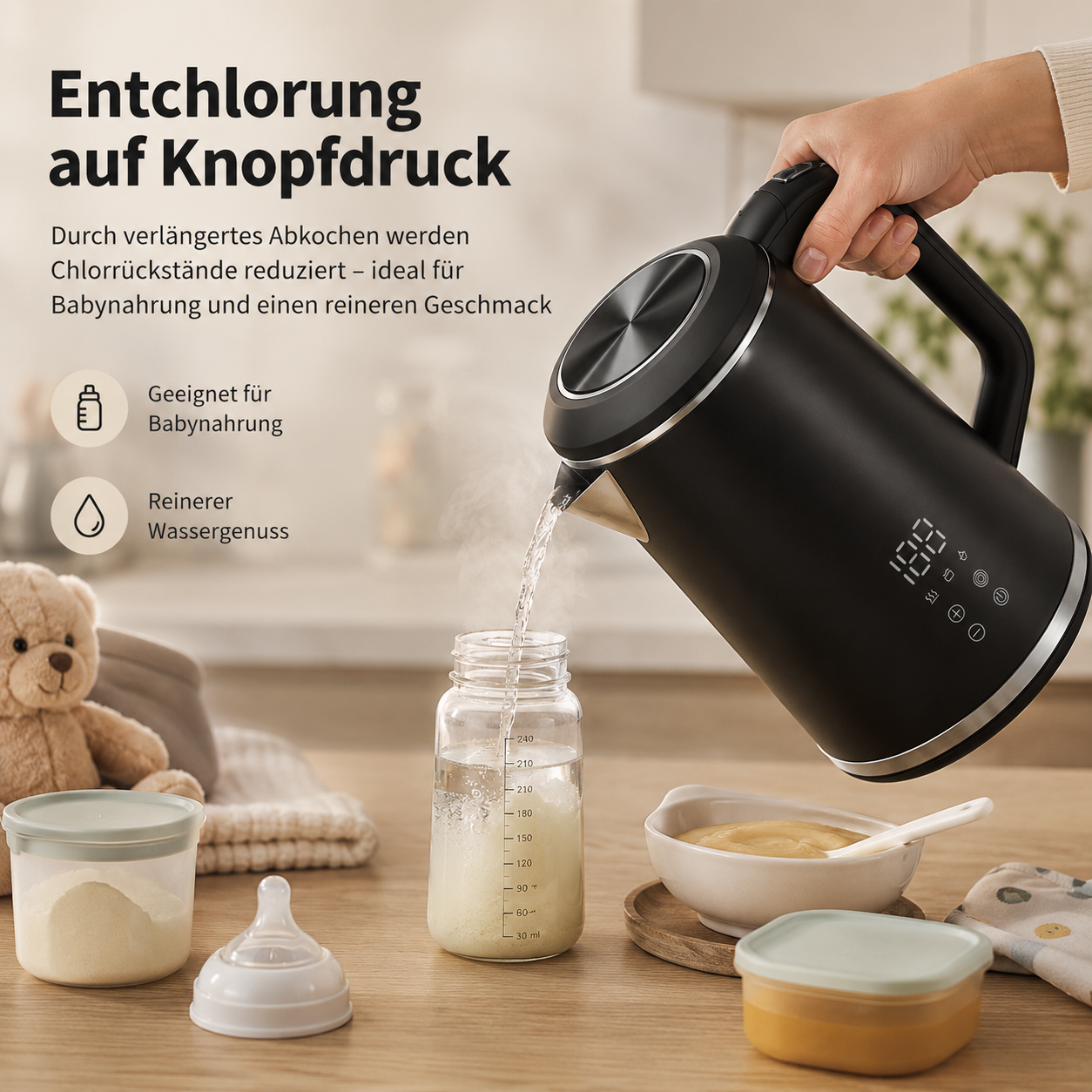 Eine schwarze Kanne gießt Wasser in eine Babyflasche, daneben Babybrei und Babypulver.