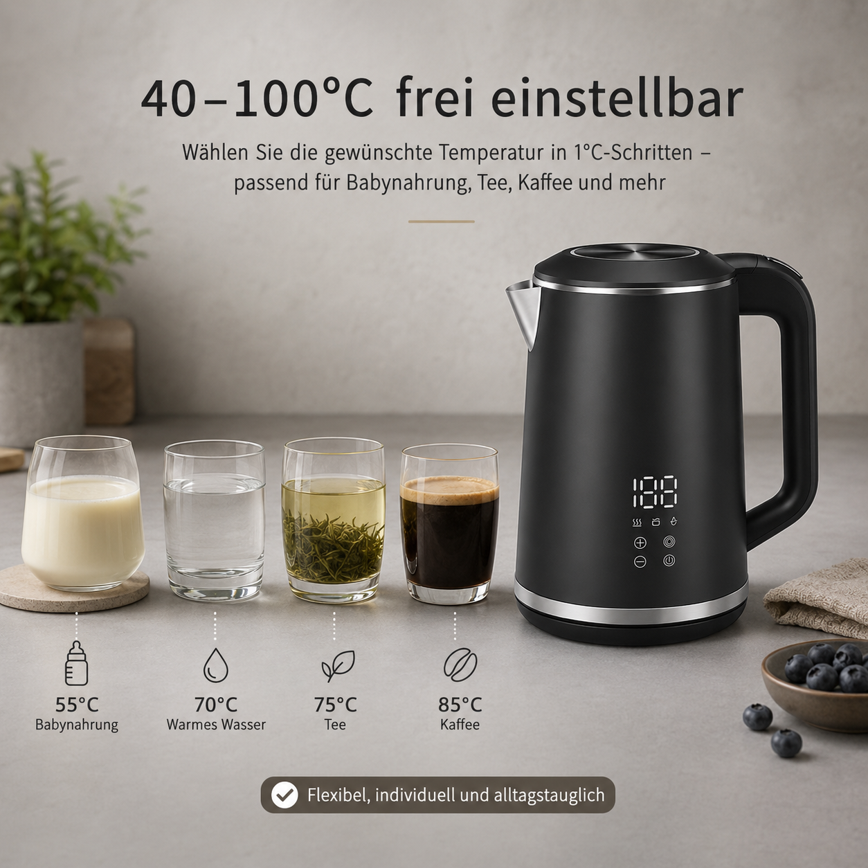 Schwarzer Wasserkocher mit 4 Gläsern: Milch, Wasser, Tee, Kaffee.