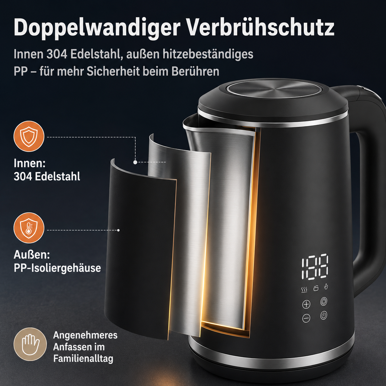 Doppelwandiger Wasserkocher mit digitaler Anzeige und Schichtenaufbau.