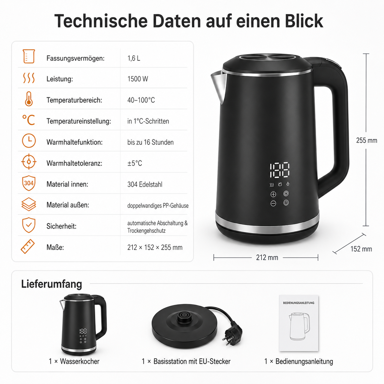 Schwarzer Wasserkocher mit technischen Daten und Lieferumfang.