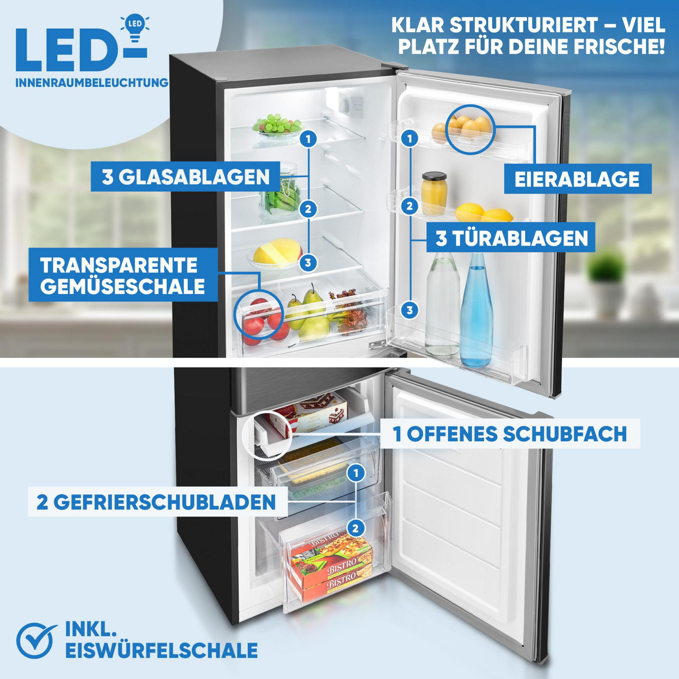 Un frigorifero con illuminazione interna a LED, ripiani in vetro, cassetto verdura, portauova, balconcini, cassetti freezer e vaschetta cubetti ghiaccio.