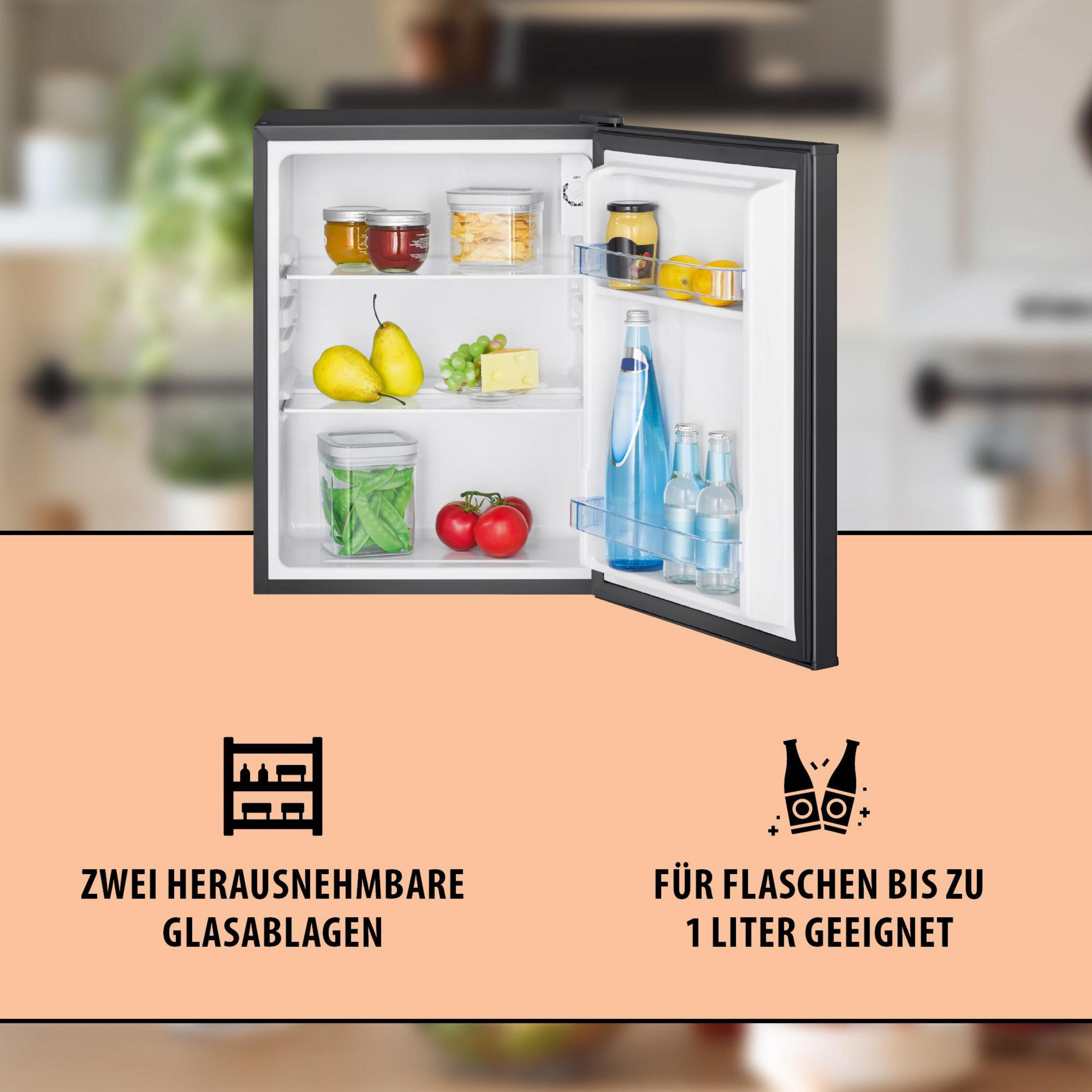 Ein offener kleiner Kühlschrank mit Lebensmitteln und Flaschen.