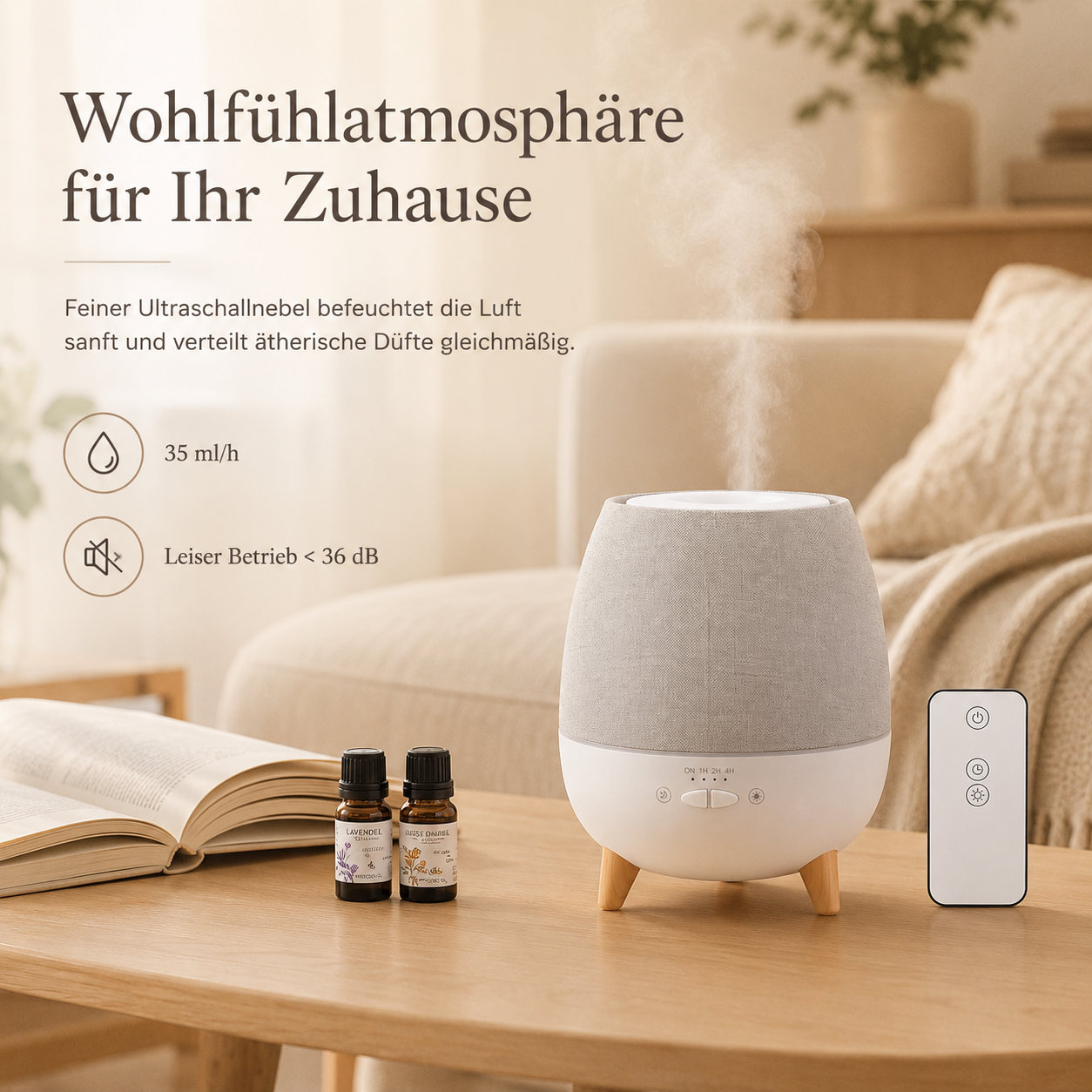 Ein Diffusor mit Fernbedienung und zwei Ölflaschen auf einem Tisch.