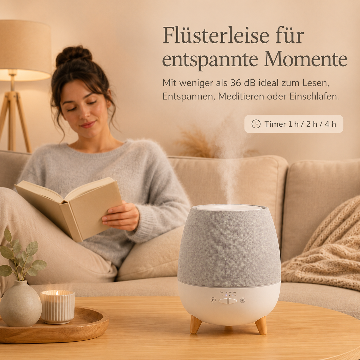 Eine Frau liest Buch, ein Diffusor gibt Dampf ab. Entspannende Szene.