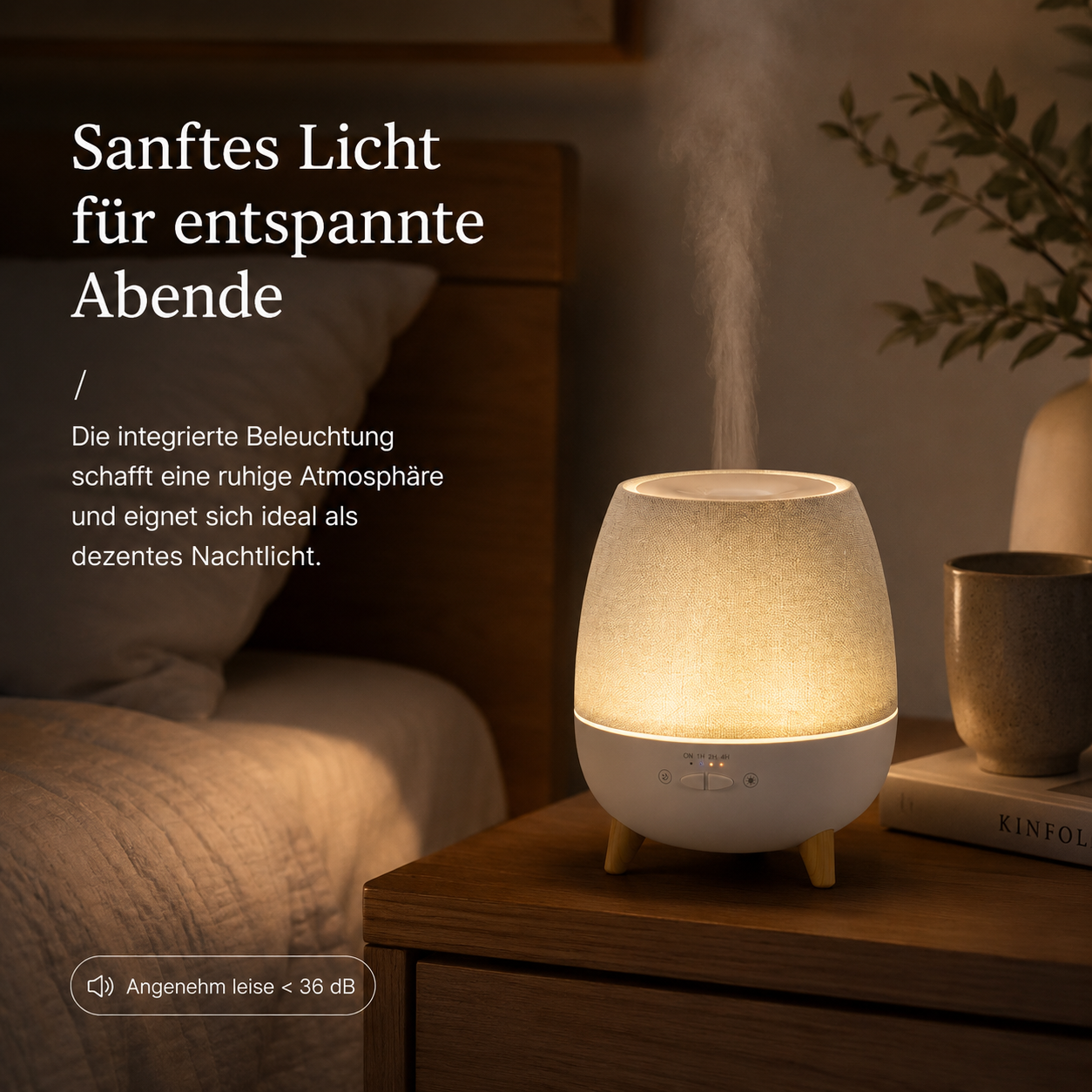 Ein weißer Diffusor mit sanftem Licht auf einem Nachttisch.