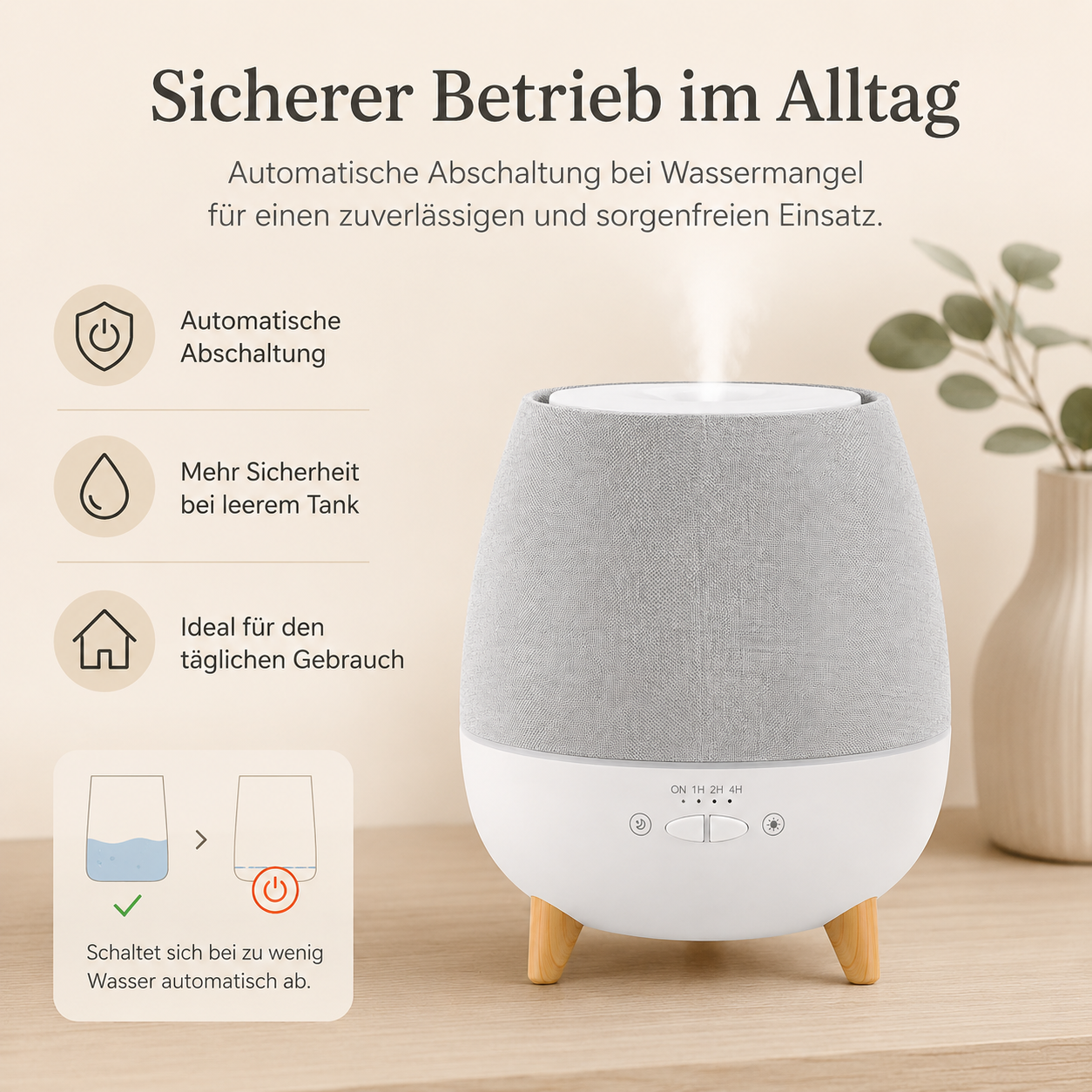 Grauer Diffusor mit Holzakzenten, der Dampf abgibt. Links sind Icons mit Text zu sehen.