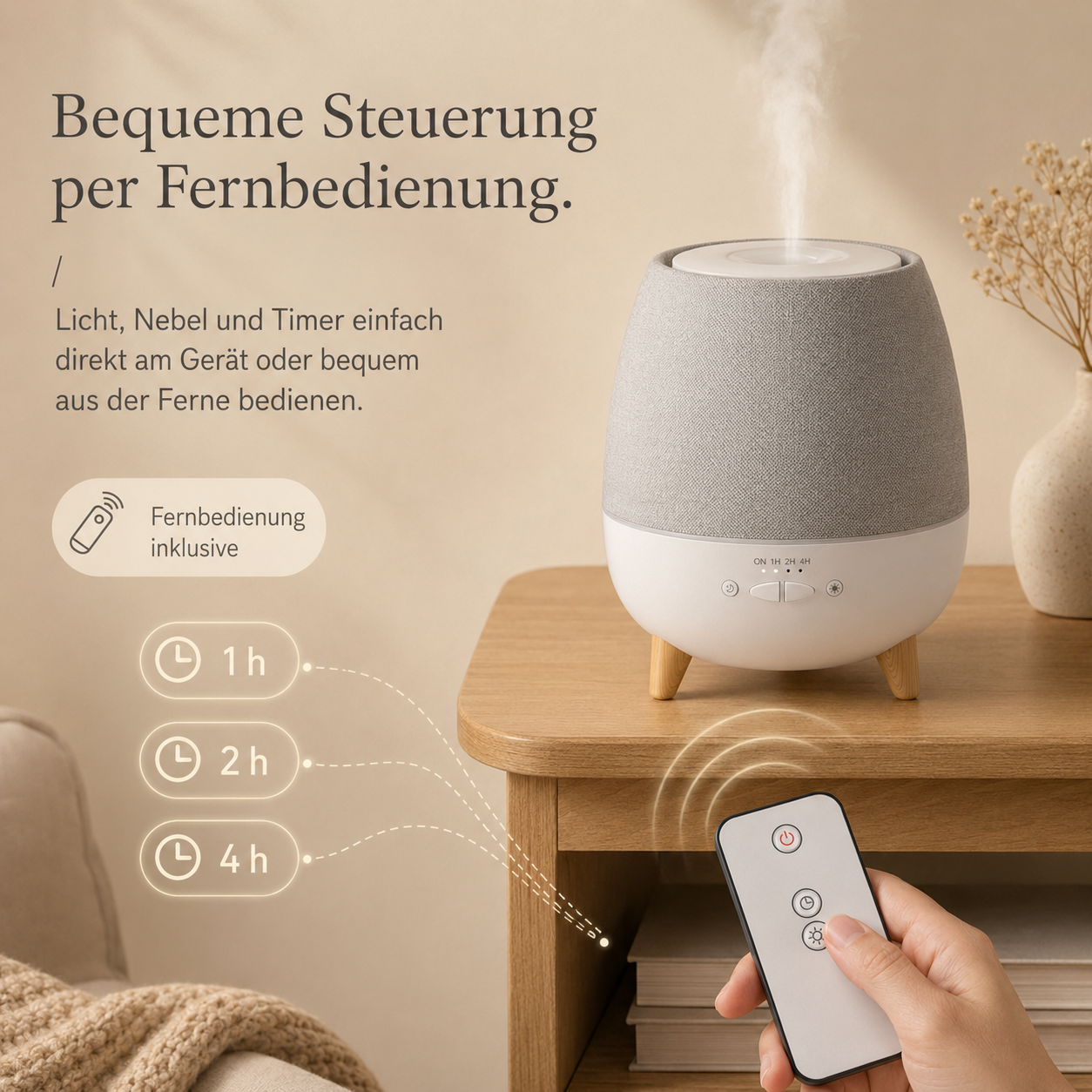 Ein weißer Diffusor mit grauem Stoff und Holzbeinen gibt Dampf ab. Eine Hand hält eine Fernbedienung.