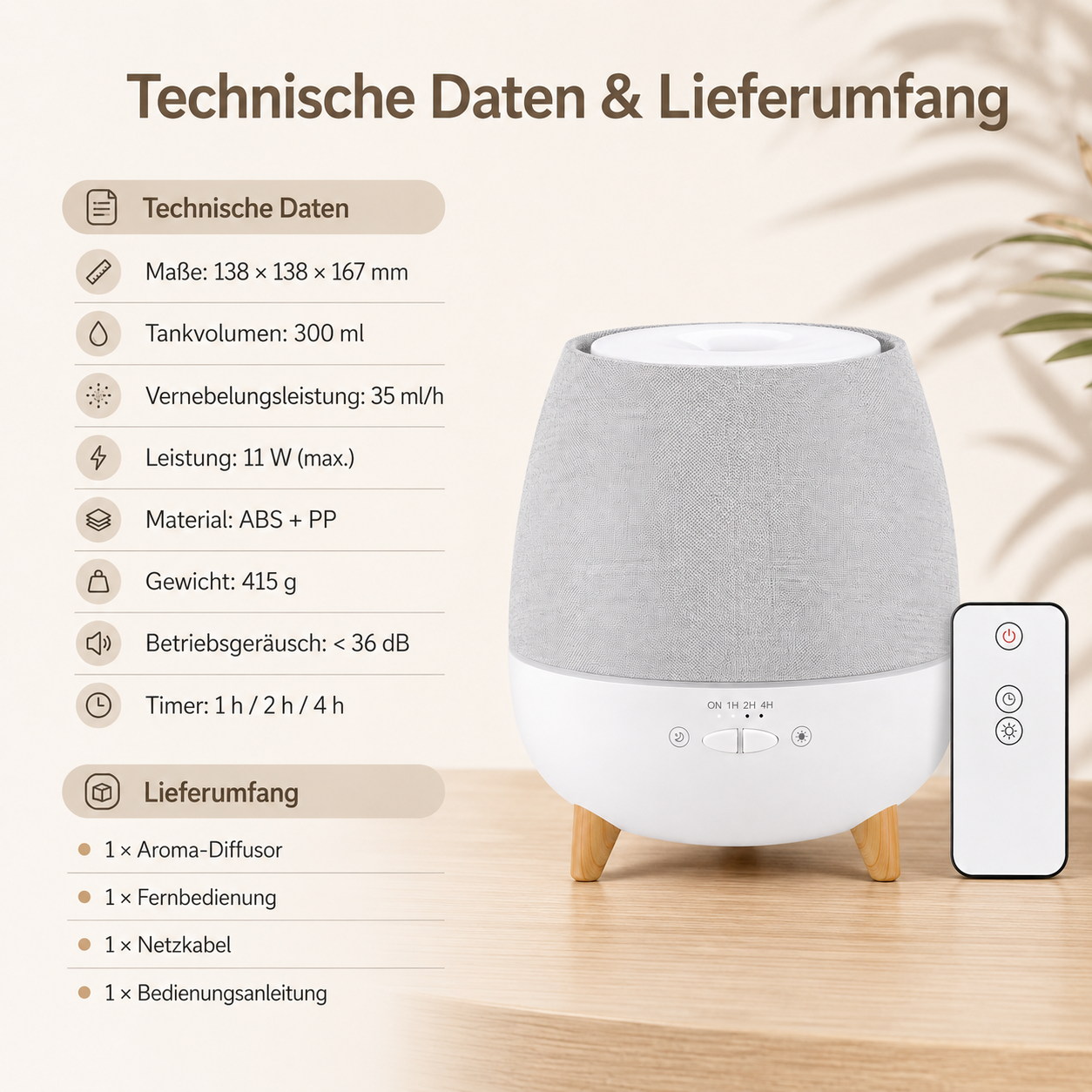 Ein weißer Aroma-Diffusor mit Stoffbezug und Holzfüßen steht auf einem Tisch. Technische Daten und Lieferumfang sind aufgelistet.