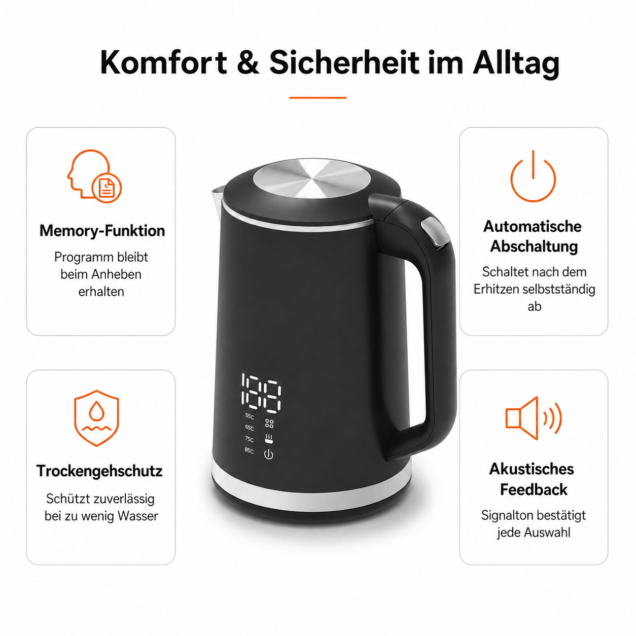 Schwarzer Wasserkocher mit digitaler Anzeige und Symbolen für Funktionen.