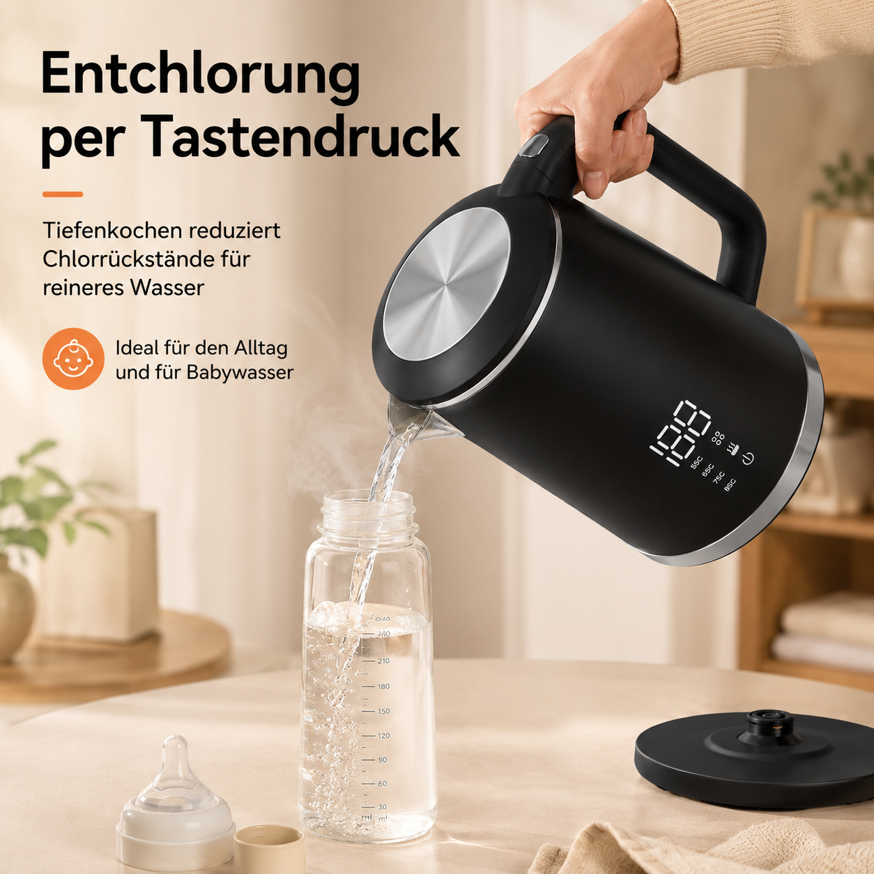 Eine schwarze Kanne gießt heißes Wasser in eine Babyflasche.