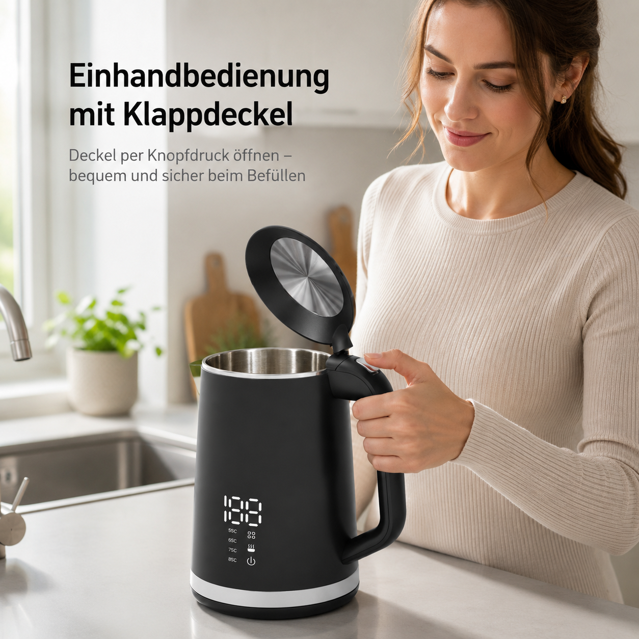 Eine Frau öffnet den Deckel eines schwarzen Wasserkochers mit digitaler Anzeige.
