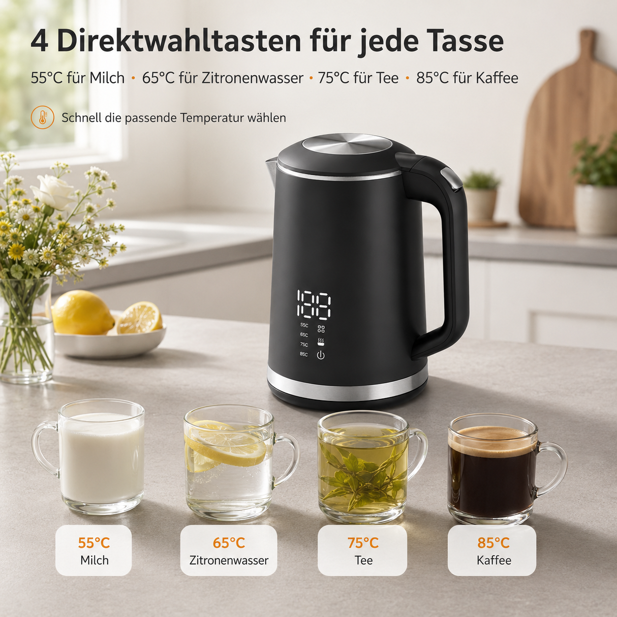 Schwarzer Wasserkocher mit Digitalanzeige, zeigt vier Getränke: Milch, Zitronenwasser, Tee, Kaffee.