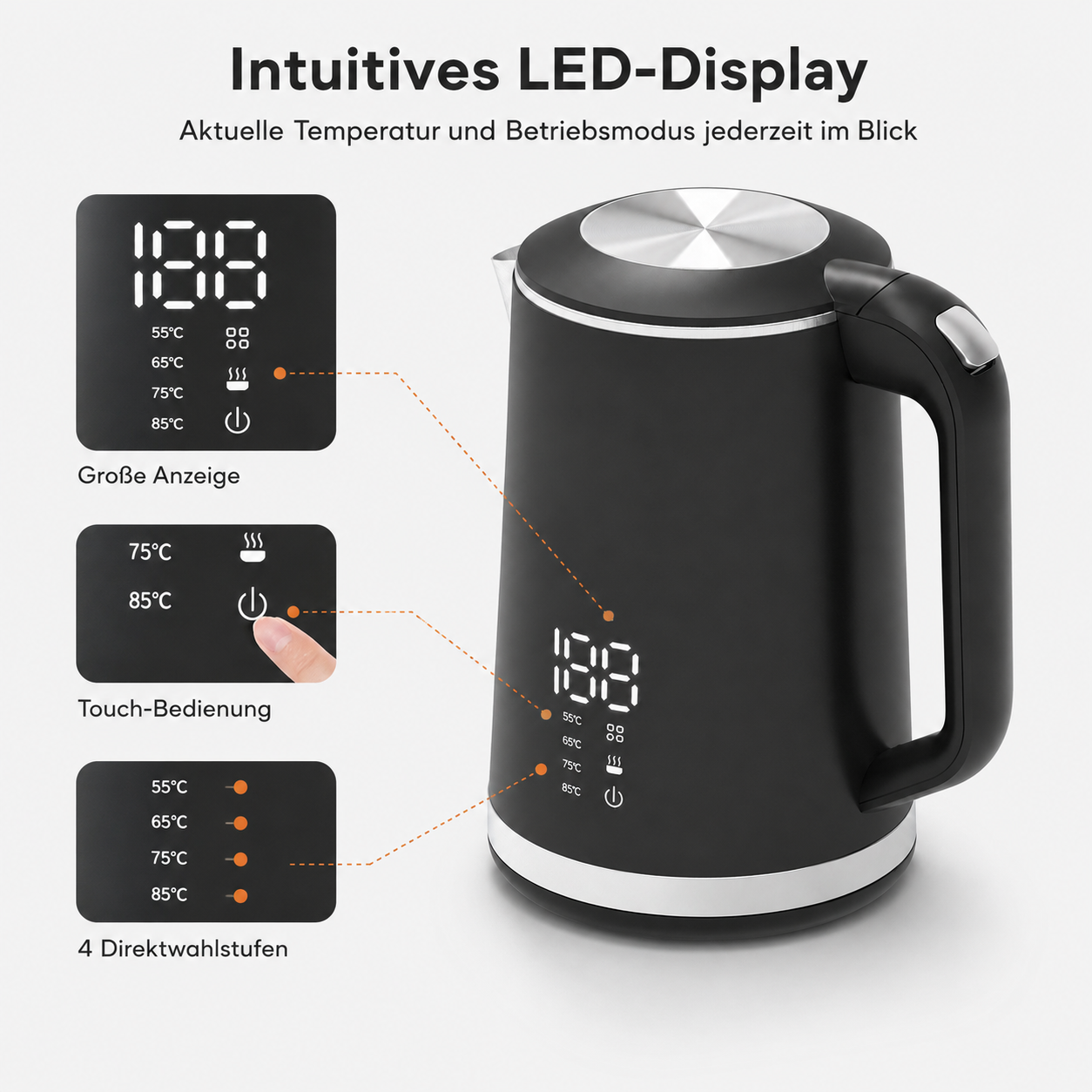 Schwarzer Wasserkocher mit intuitivem LED-Display für Temperaturwahl.