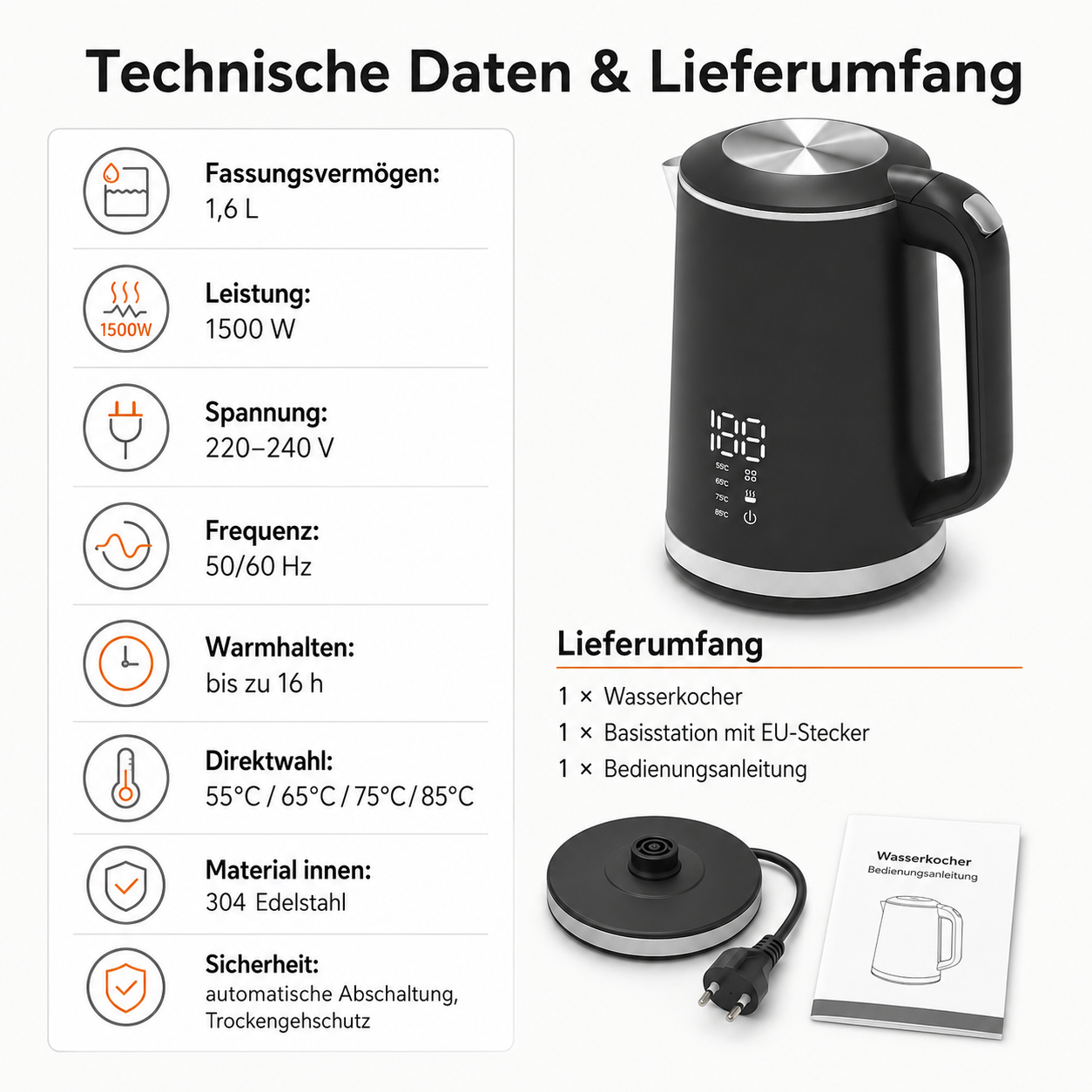 Schwarzer Wasserkocher mit technischen Daten und Lieferumfang.