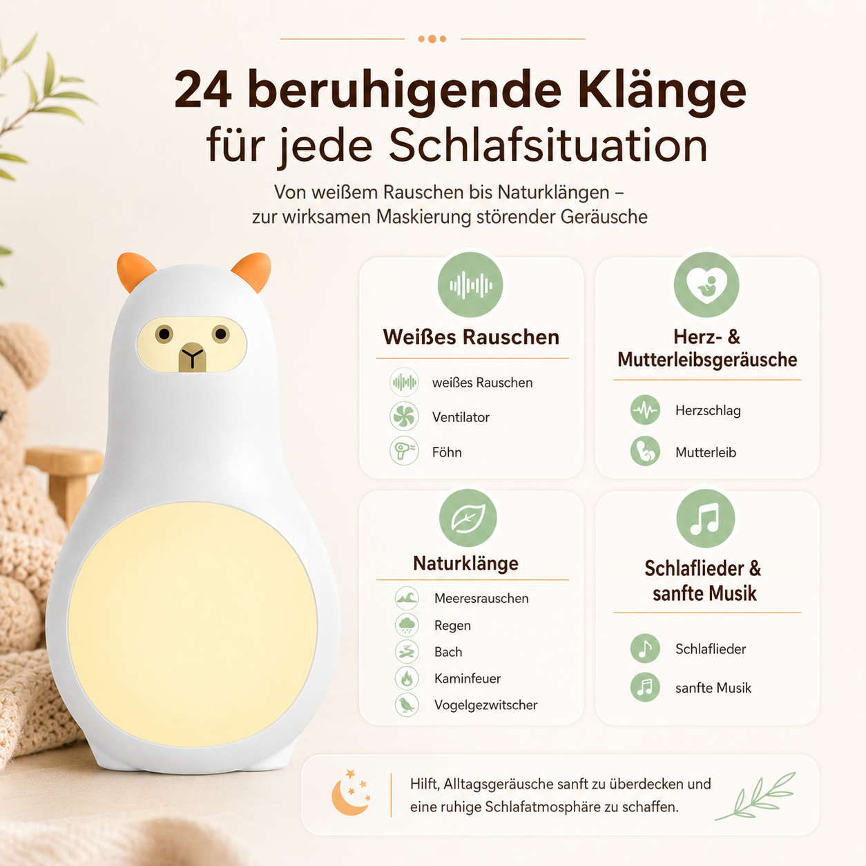 CUDY Alpaka Baby Weißes Rauschen Einschlafhilfe