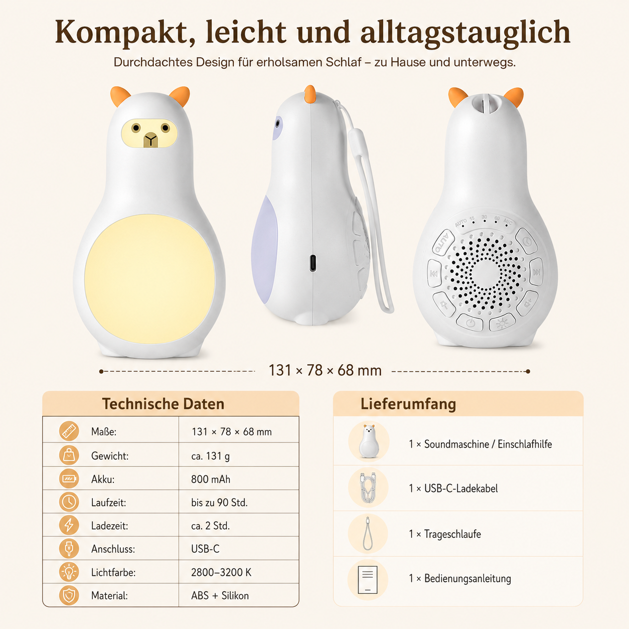 Ein weißes Gerät in Lama-Form mit leuchtender Vorderseite, Seiten- und Rückansicht.