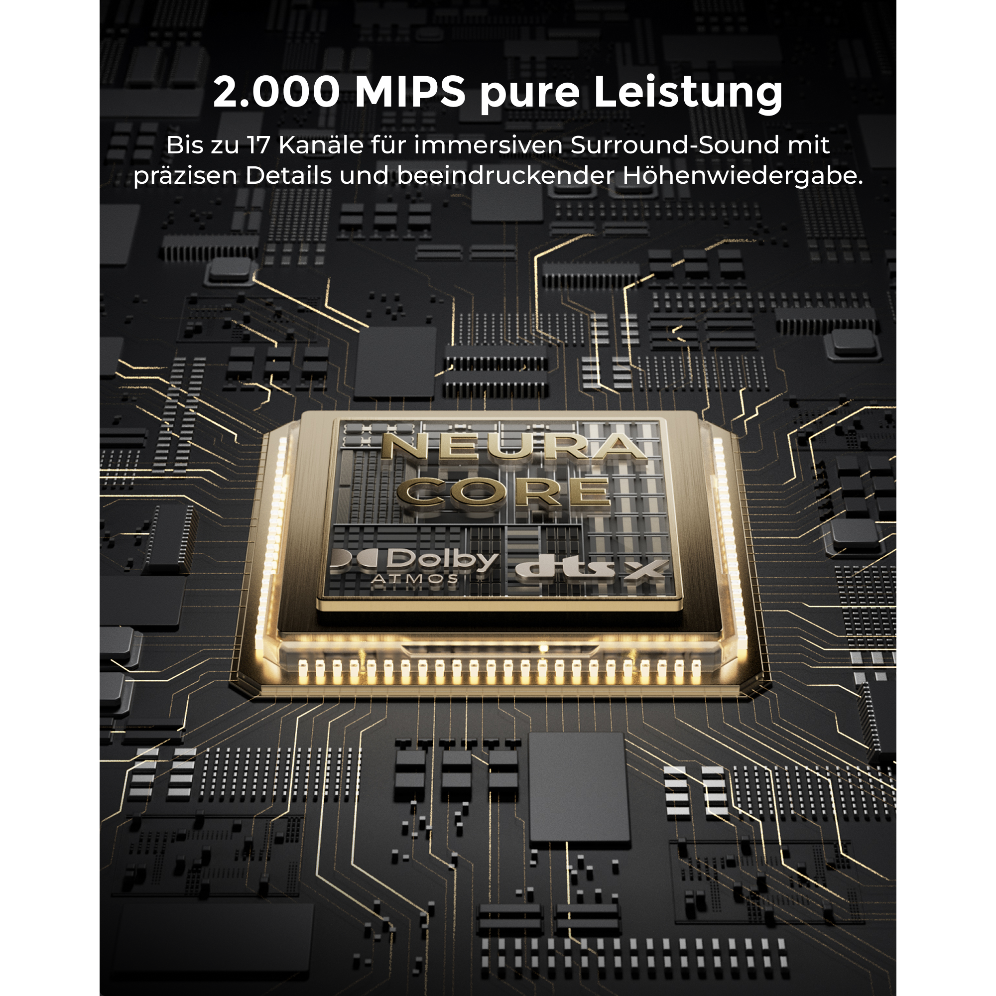 Ein goldener Chip mit der Aufschrift "NEURAL CORE", "Dolby ATMOS" und "dts:x".