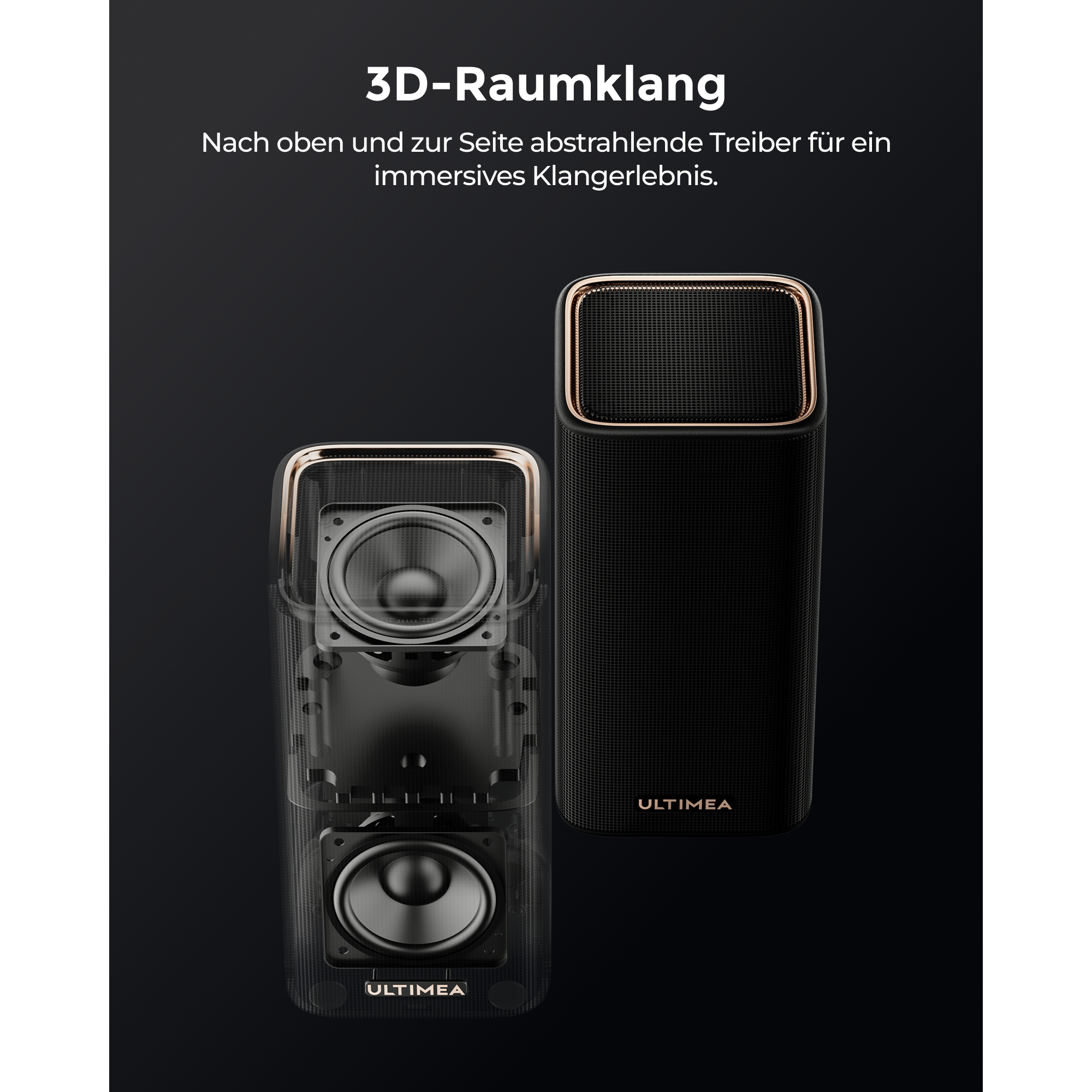Zwei schwarze Lautsprecher mit Kupferrand. Einer ist transparent mit sichtbaren Treibern.