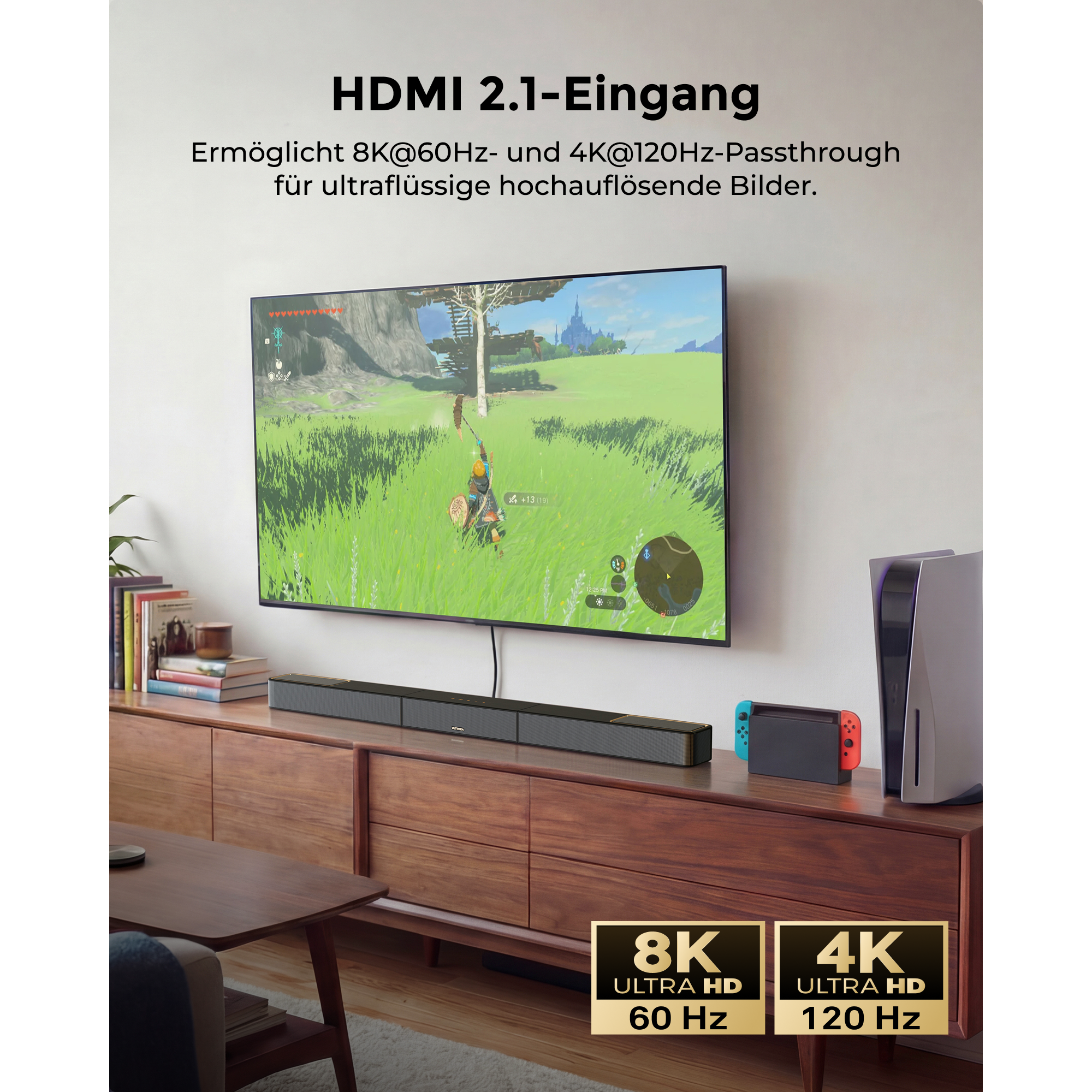 Ein Wohnzimmer mit Fernseher, Soundbar, Spielekonsolen und Text.