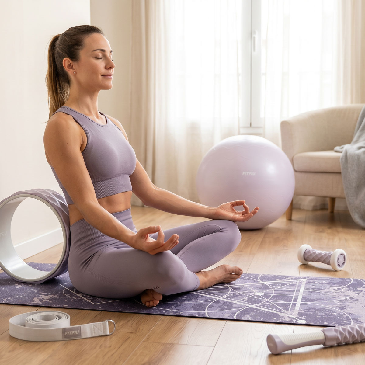 Una mujer con ropa deportiva medita en una esterilla de yoga con rueda y balón de ejercicio.
