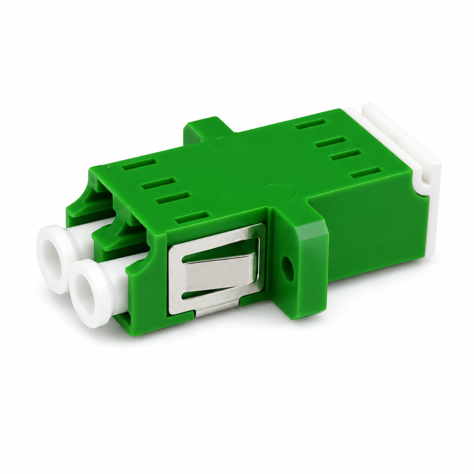 Grüner Adapter mit zwei weißen Anschlüssen und Metallclip.