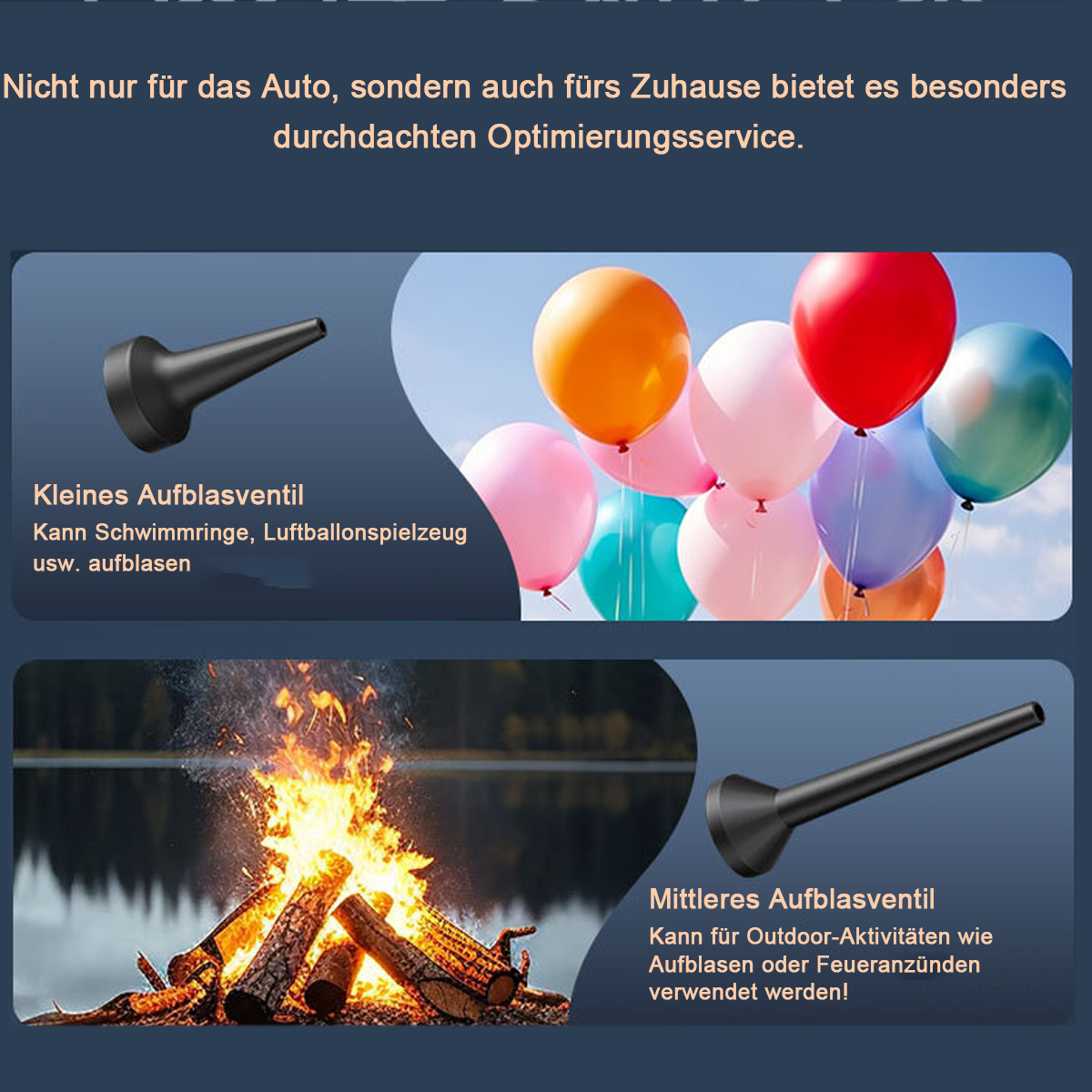 Kleines Ventil bläst Ballons auf. Großes Ventil für Feuer. Beide schwarz.