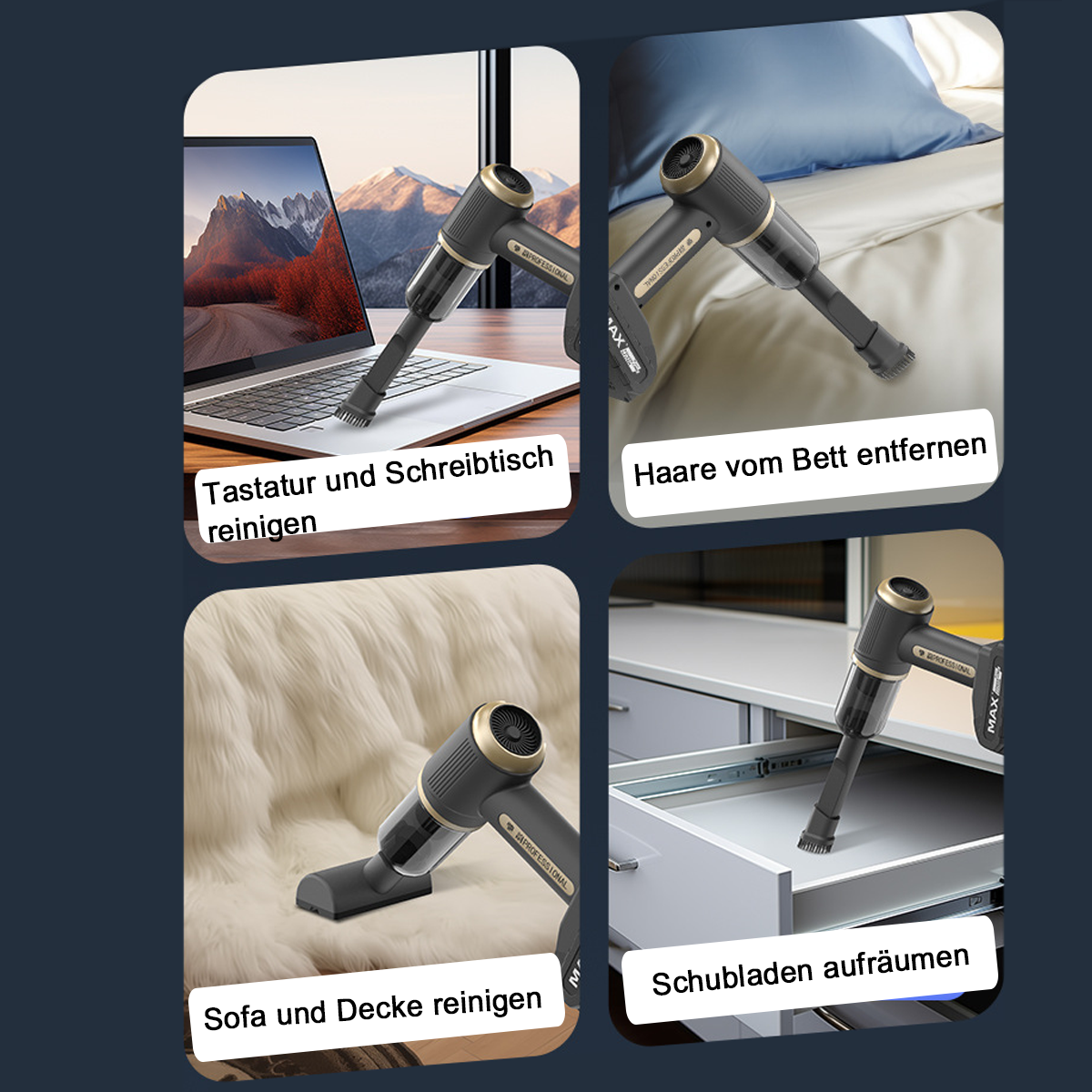 Handstaubsauger reinigt Tastatur und Schreibtisch.