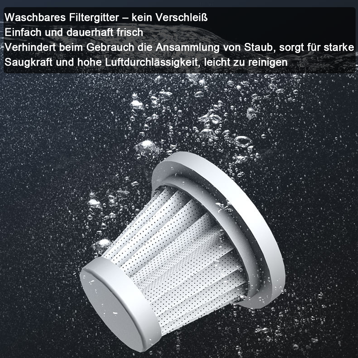 Ein weißer Filter wird in Wasser mit Blasen gezeigt.